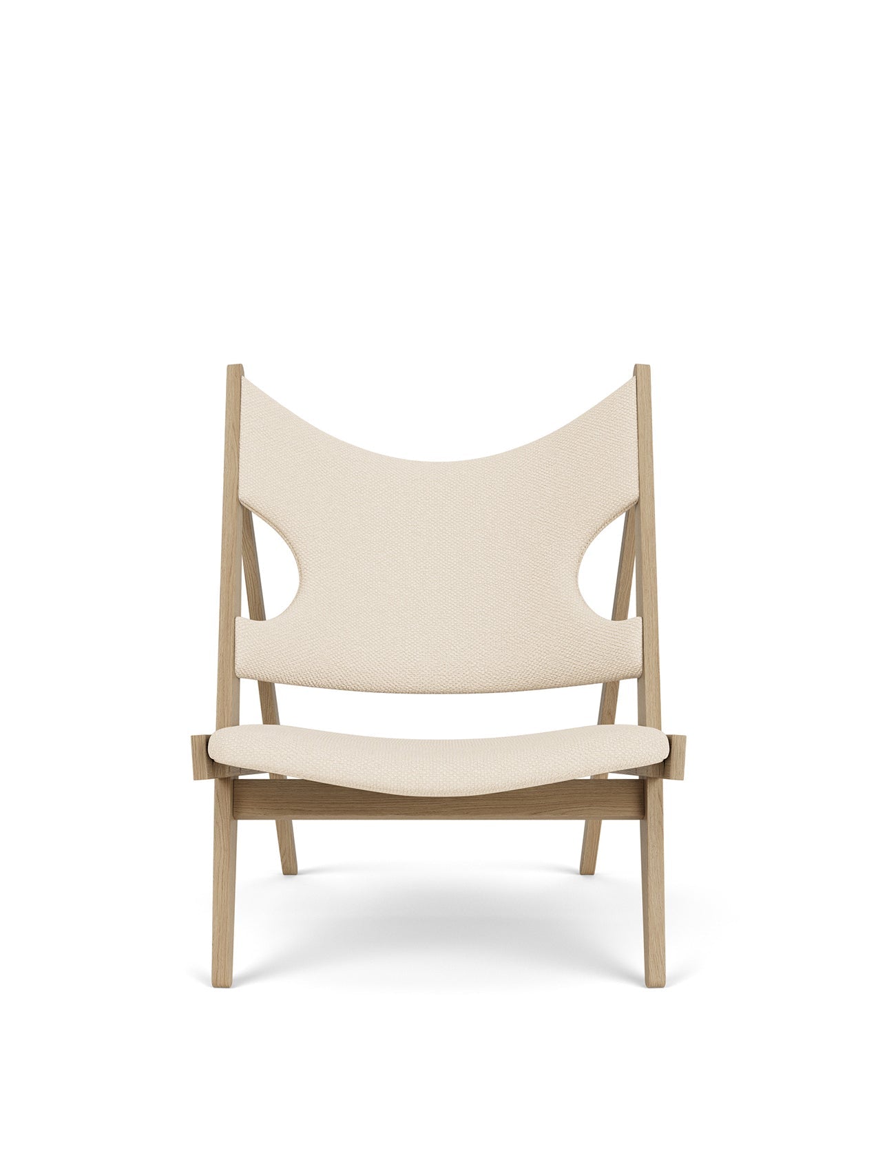 The Knitting Lounge Chair, shown from the front. It has a Natural Oak frame and a cream-coloured textile seat and backrest.
