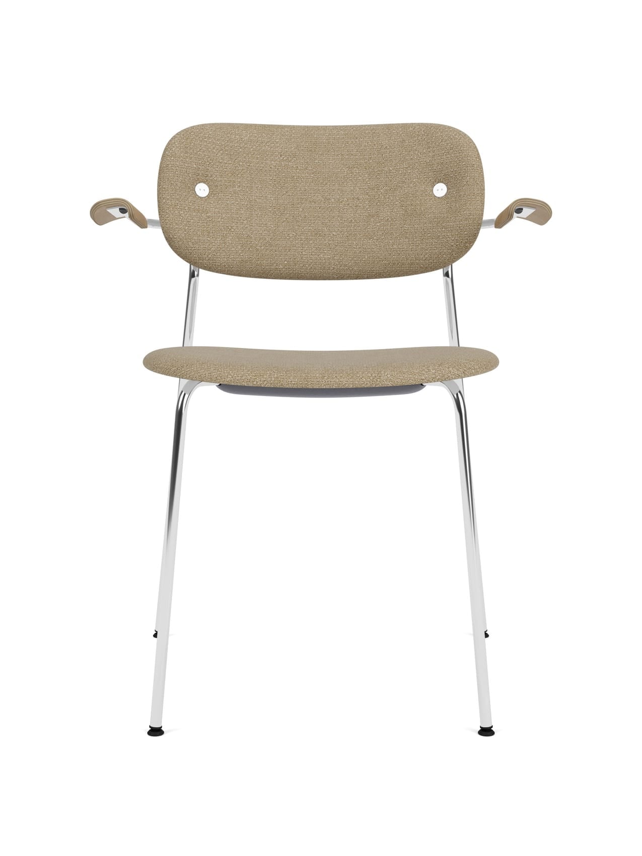 Front view of the Co Dining Chair with beige upholstered seat and backrest, light wood armrests, and a polished chrome frame.