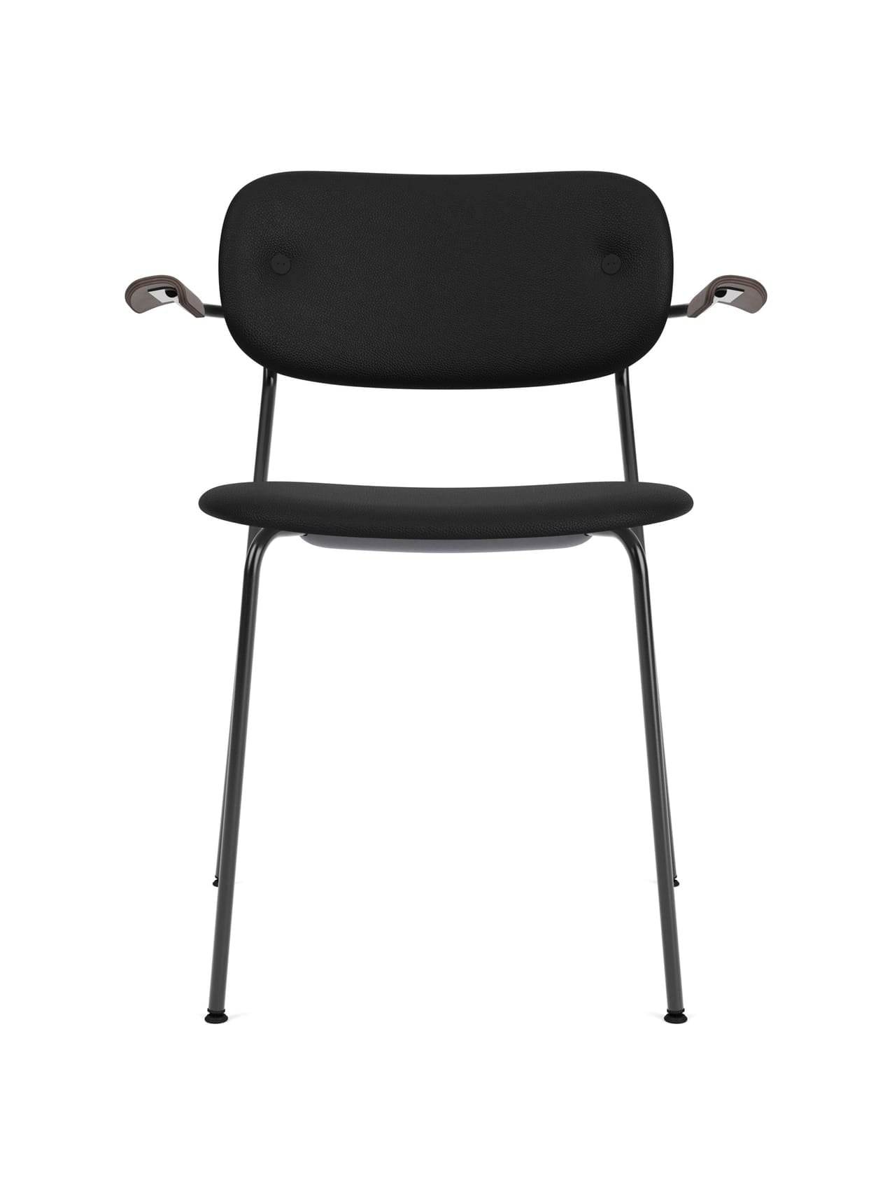 Front view of the black, fully upholstered Co Dining Chair with dark wood armrests and a slender black steel frame.