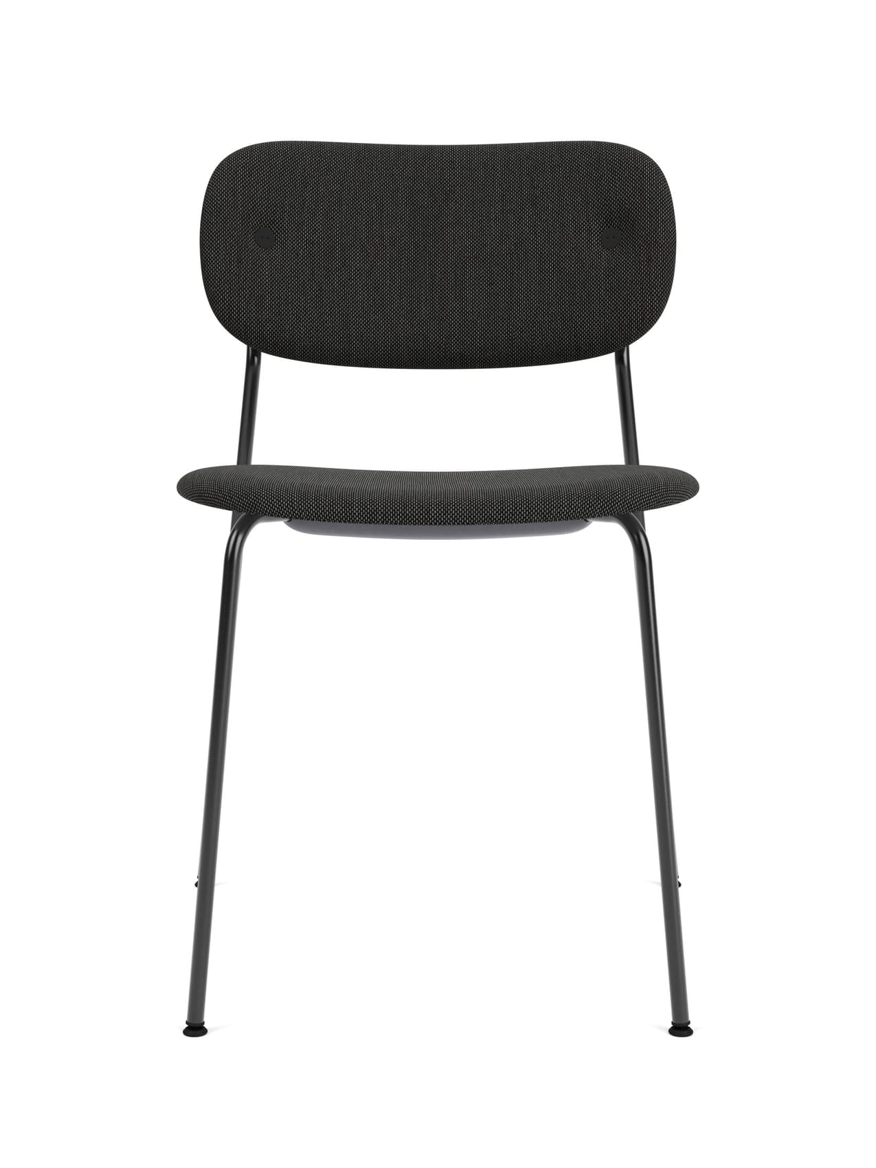 A front view of the Co Dining Chair, fully upholstered in black fabric with a slim, black powder-coated steel frame.