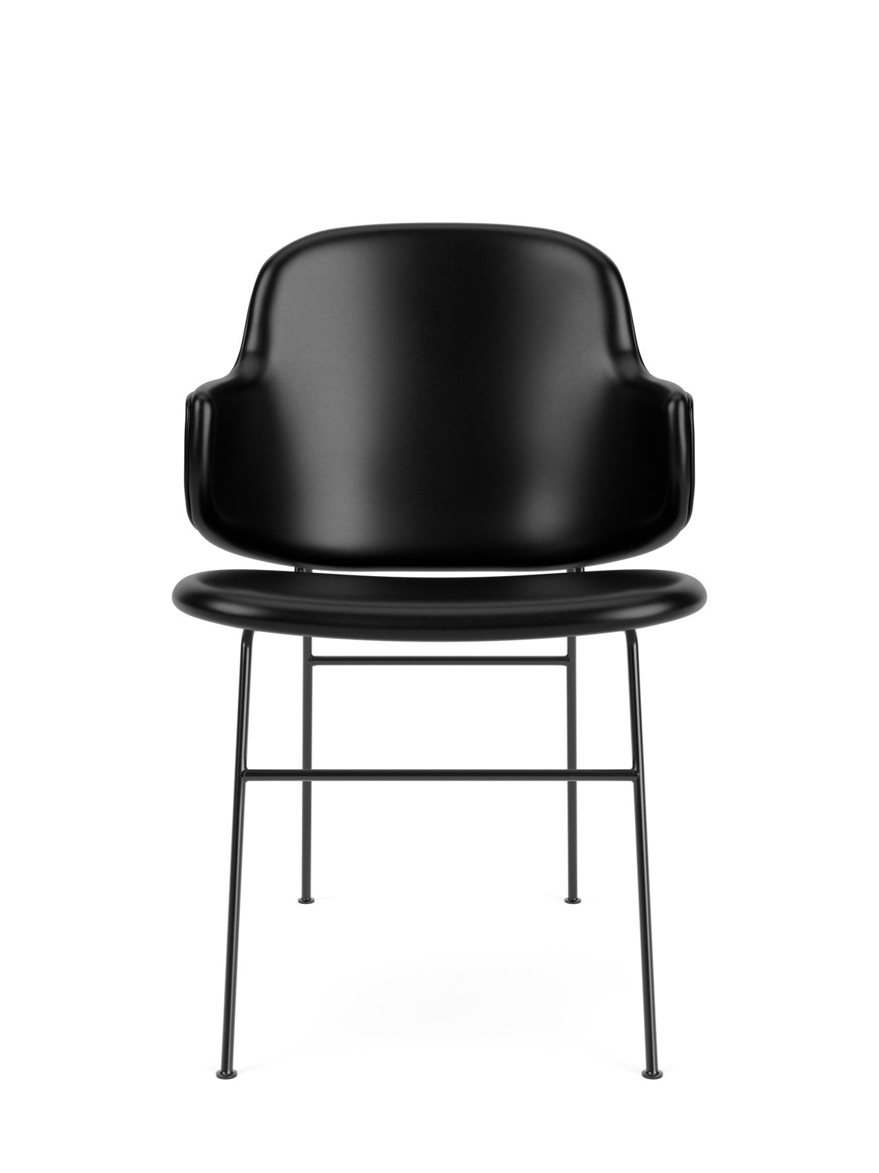 Front view of The Penguin Dining Chair, Fully Upholstered in black Dakar leather with a black powder-coated steel frame.
