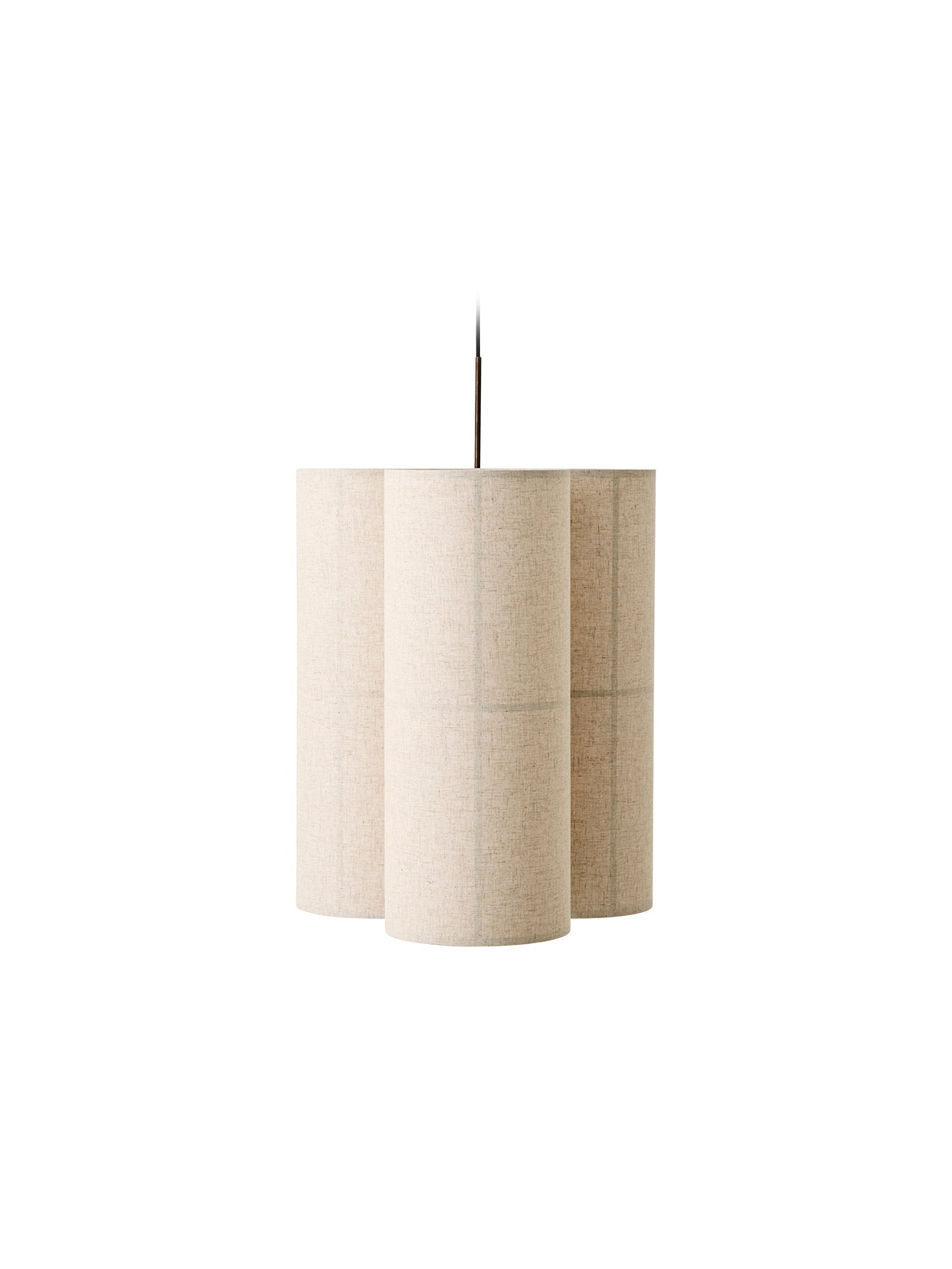 The Hashira Pendant Lamp, Cluster. Three cylindrical linen shades hang from a black cord against a white background.