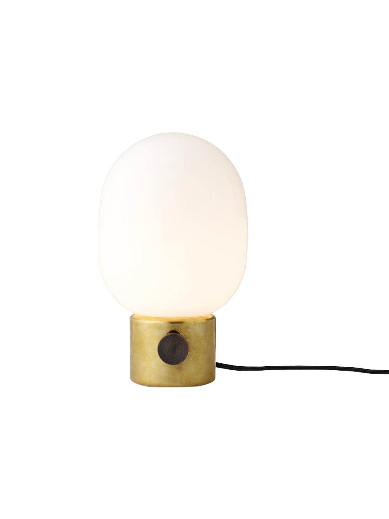 Front view of the JWDA Table Lamp, Small, with a polished brass base and glowing opal glass shade against a black background.