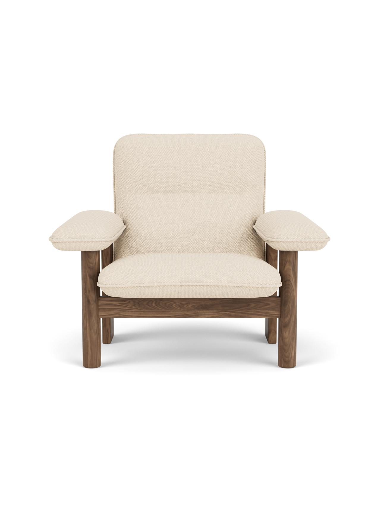 Front view of the Brasilia Lounge Chair with a solid walnut frame and cream Logan Jasmine fabric upholstery.