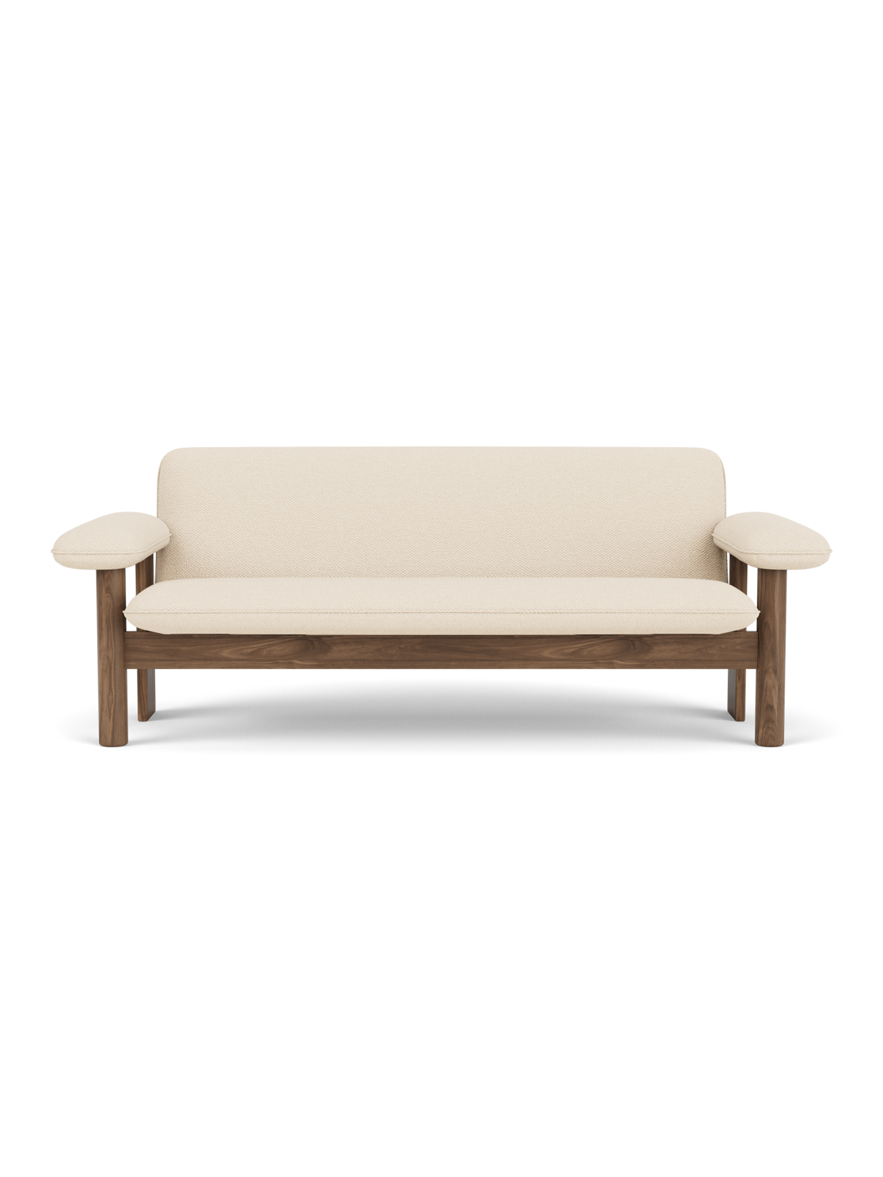 Front view of the Brasilia Sofa with a dark walnut frame and light-coloured Logan Jasmine textile upholstery.