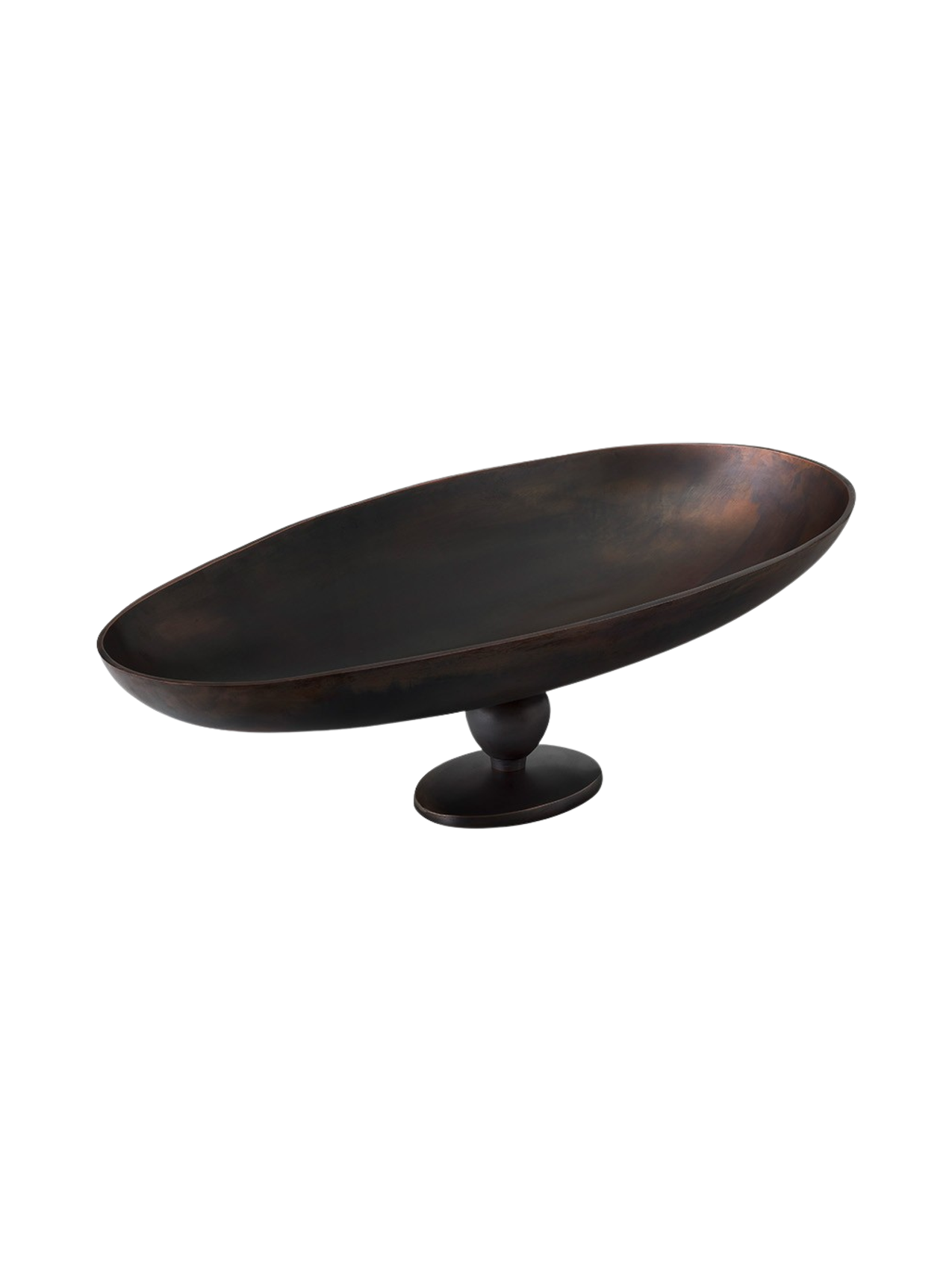 Angled view of a wide, oval decorative bowl on a pedestal. The bowl features a dark, patinated bronze finish.