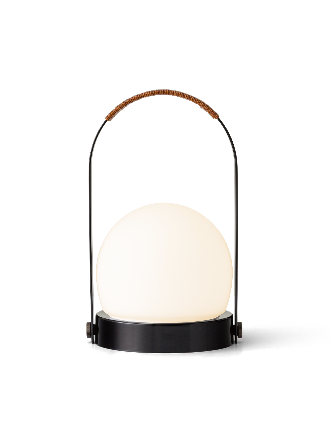 Carrie Portable Lamp featuring a glowing opal glass shade and black arched handle with a brown leather cord detail.