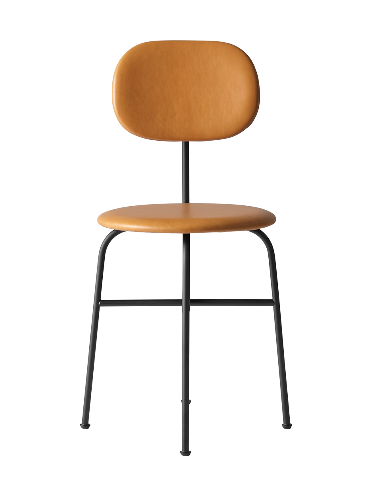 The Afteroom Dining Chair Plus with a slim black frame. The round seat and oval backrest are upholstered in tan Dakar leather