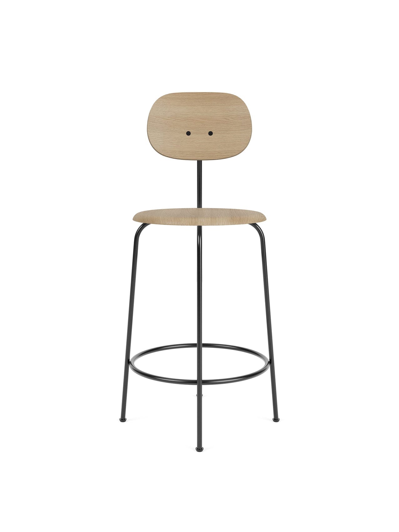 Front view of the Afteroom Counter Chair Plus in a light oak veneer, featuring a minimalist black powder-coated steel frame.