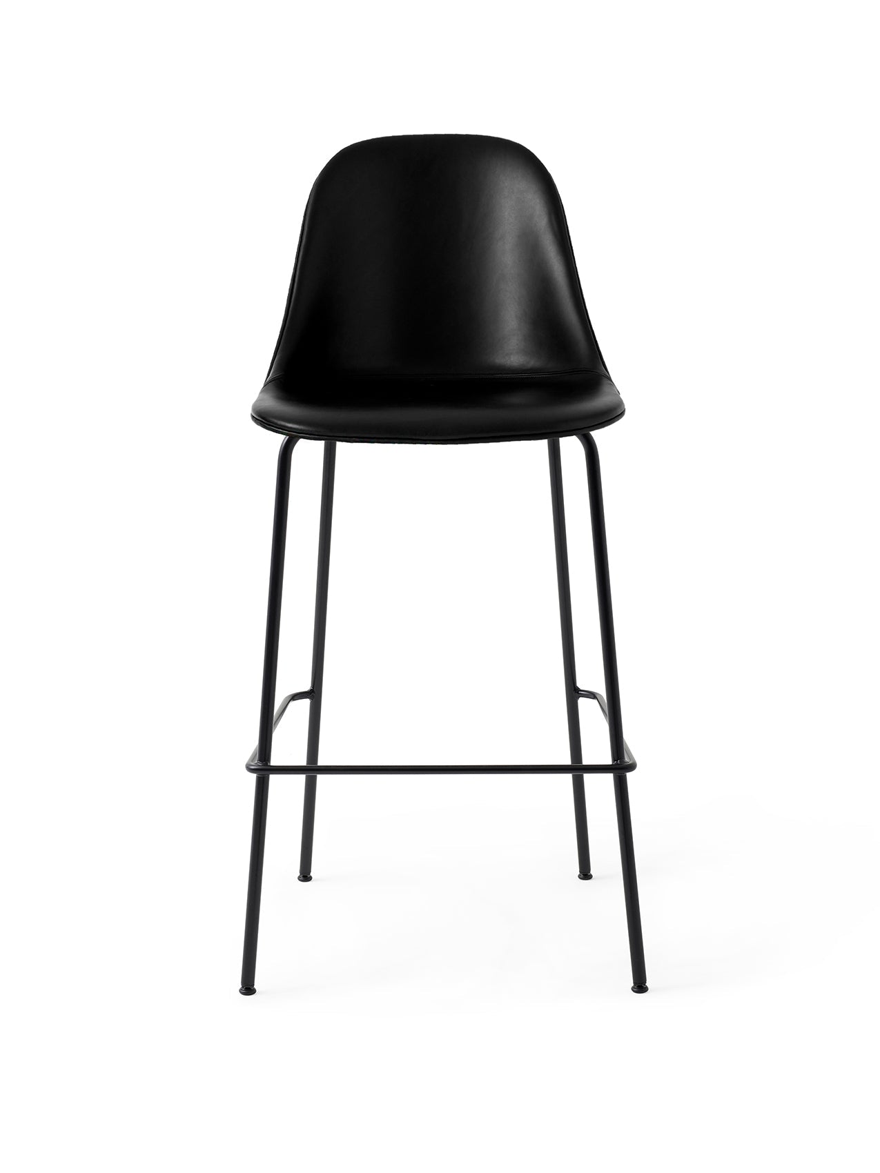A front view of the Harbour Side Bar Chair, upholstered in black Dakar leather with a slim, black powder-coated steel base.