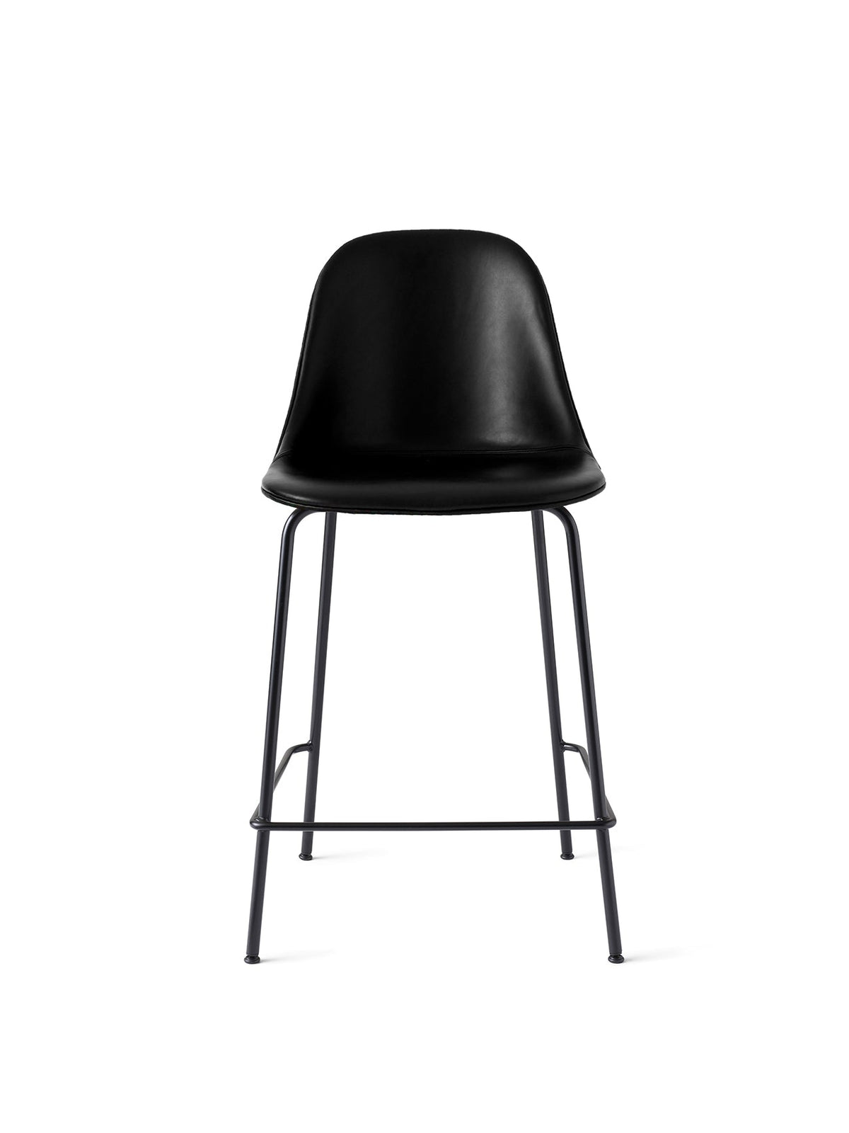 Front view of Harbour Side Counter Chair, upholstered in black Dakar leather, on a slender black powder-coated steel base.