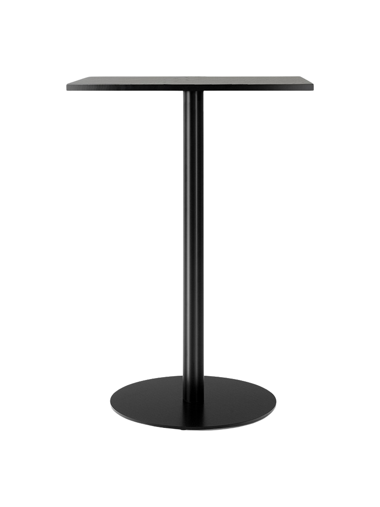 A front view of the Harbour Column Counter Table with a rectangular charcoal linoleum top and a slender black column base.