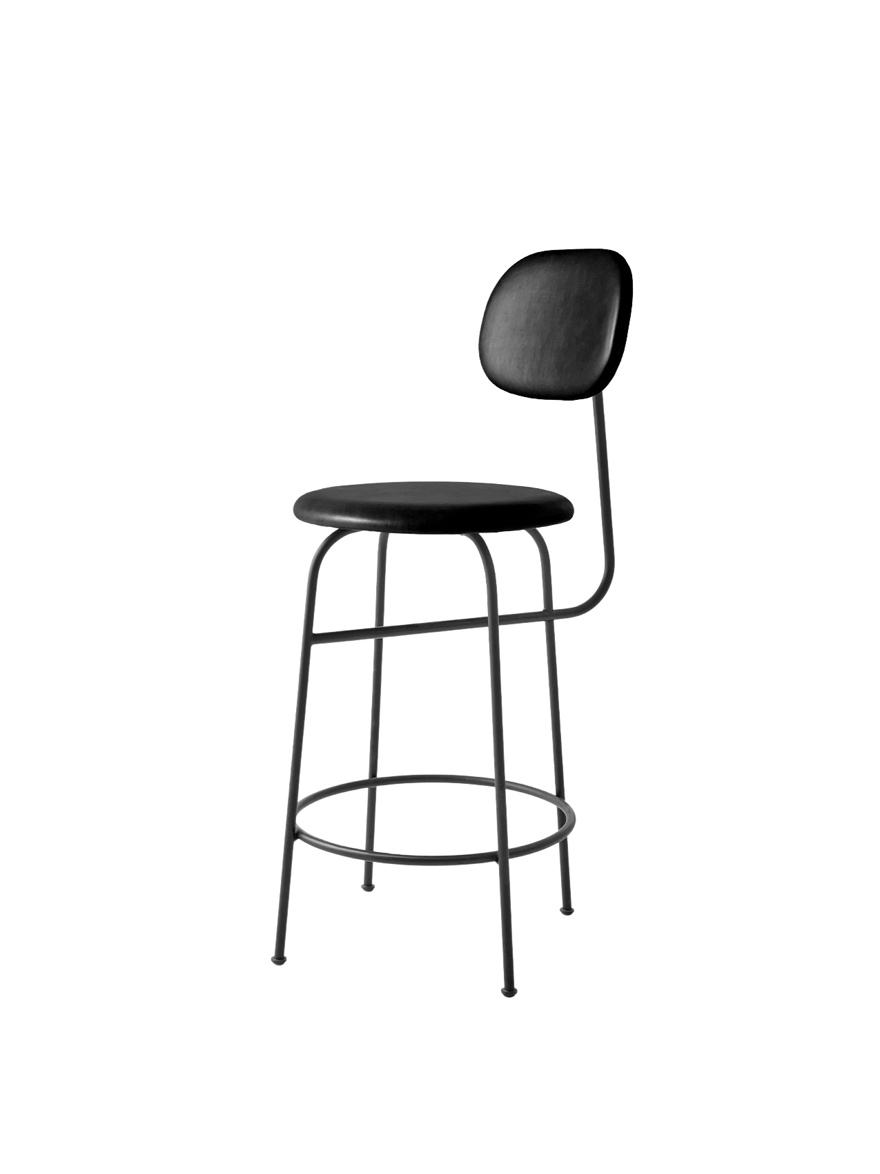 A black Afteroom Counter Chair Plus, shown at an angle, with a thin metal frame, a round upholstered seat and backrest.