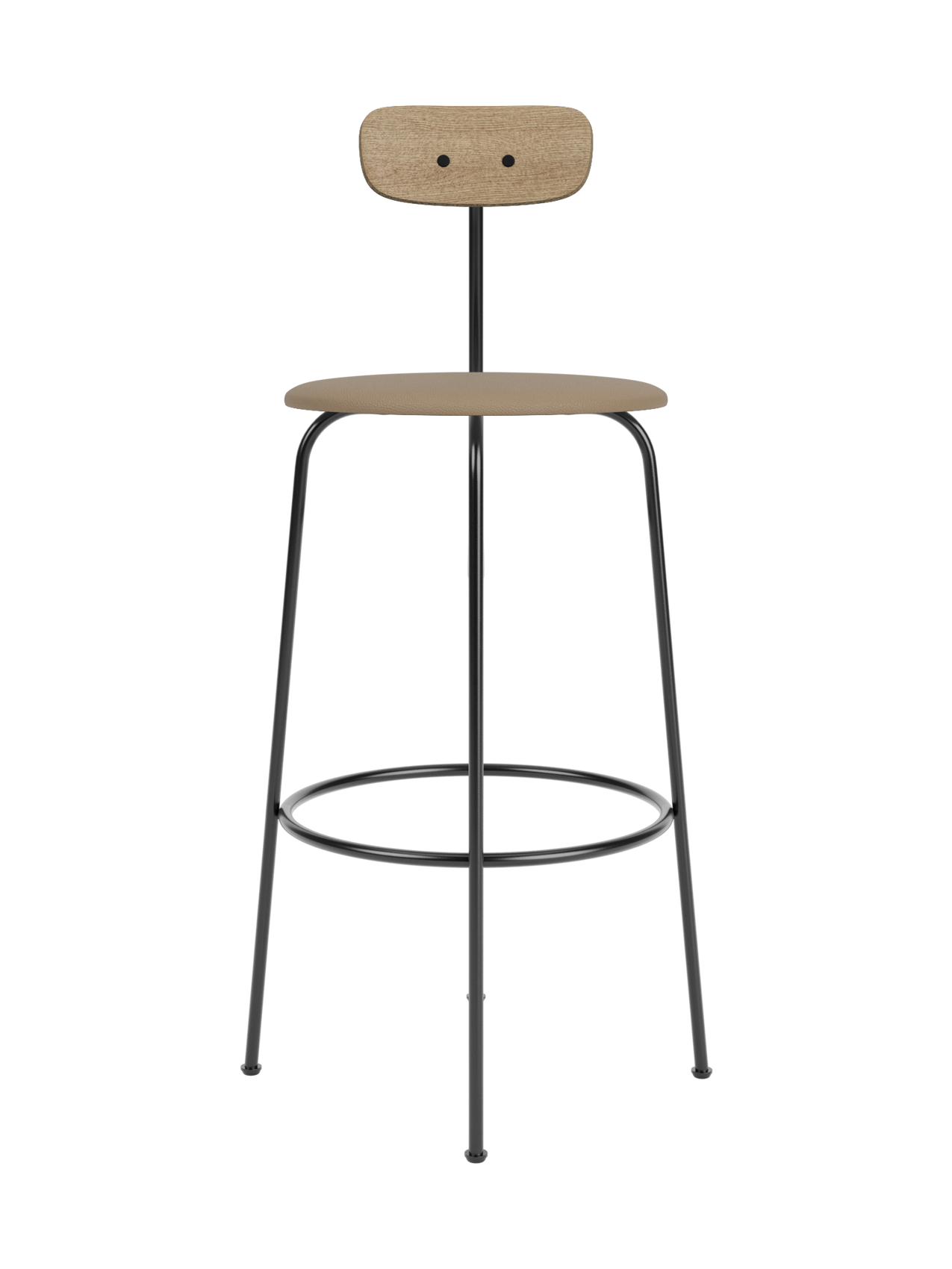 A front view of the Afteroom Bar Chair, showing its black steel frame, upholstered beige seat and natural oak backrest.