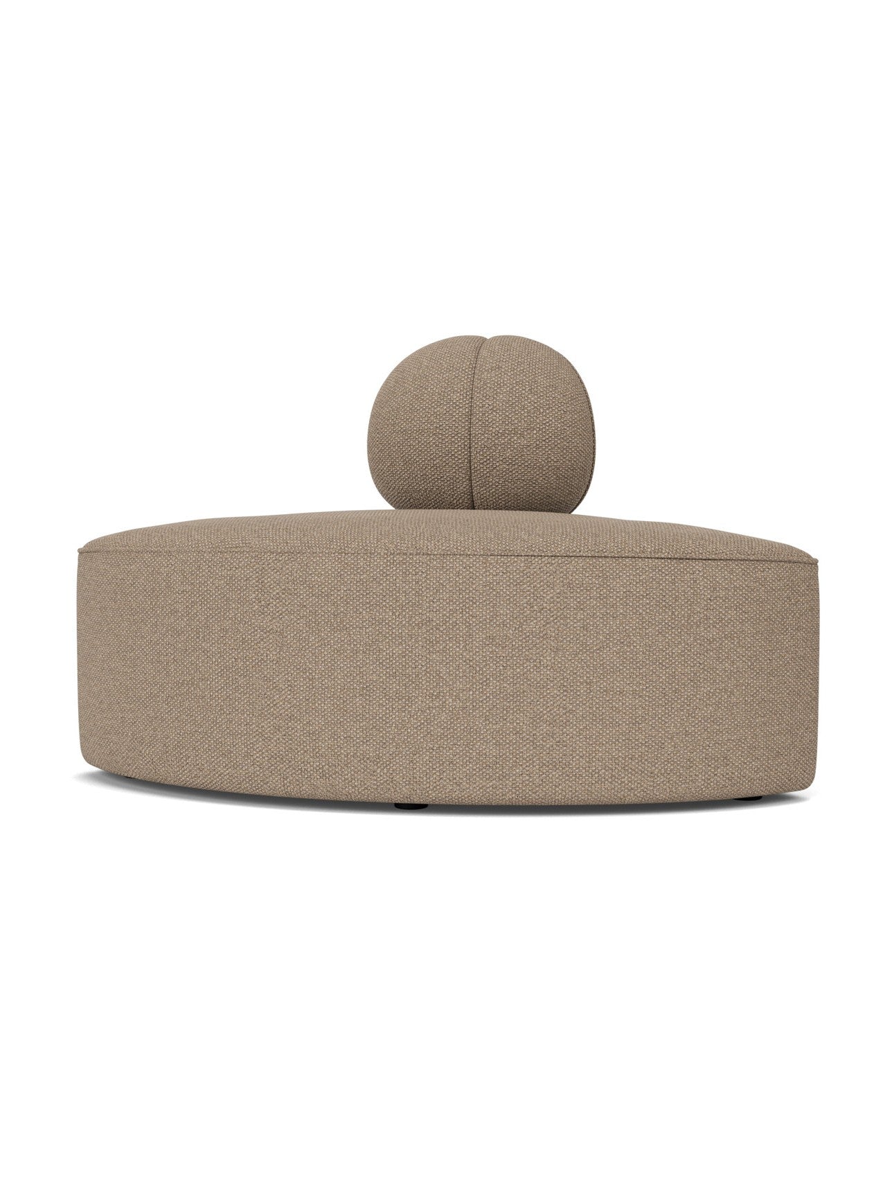 A front-on view of the Eave Seamline Modular Sofa's convex corner module in a textured, light brown Logan Flint fabric.