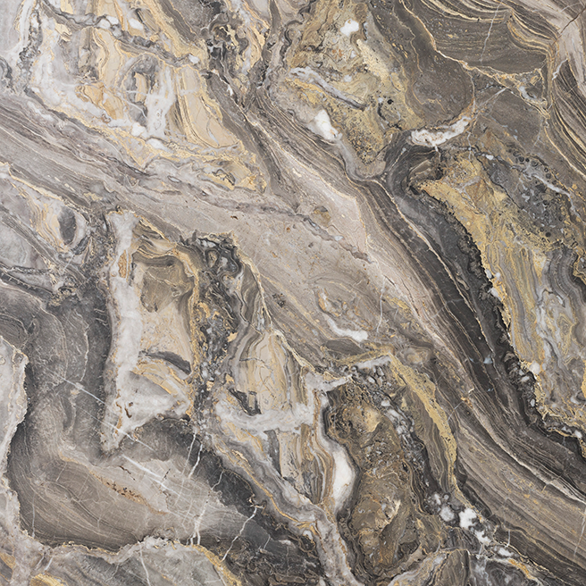 Close-up of a Grey Galaxy marble slab, showing a complex pattern of swirling veins in grey, gold, beige, and white tones.