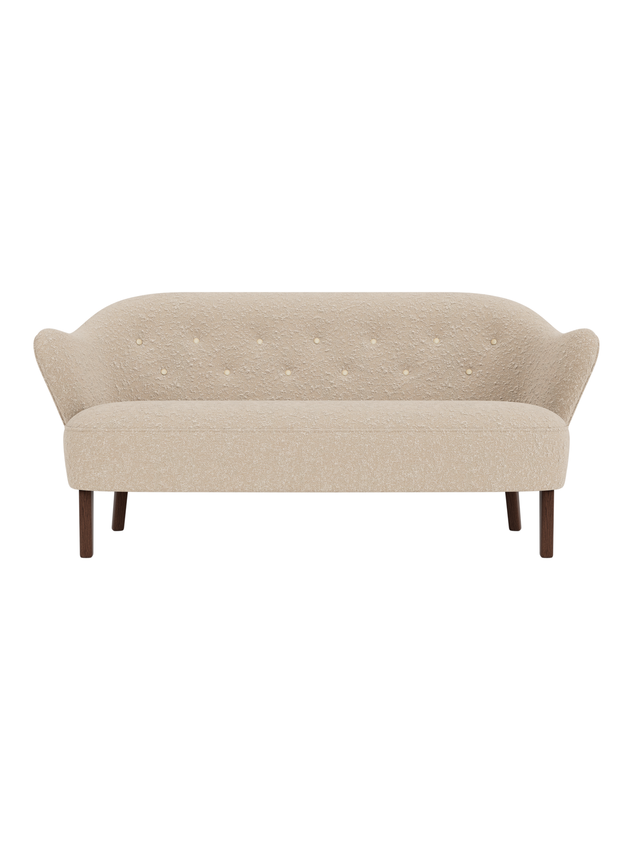 Front view of the Ingeborg Sofa in a textured light beige fabric with a buttoned back, flared arms and smoked oak legs.