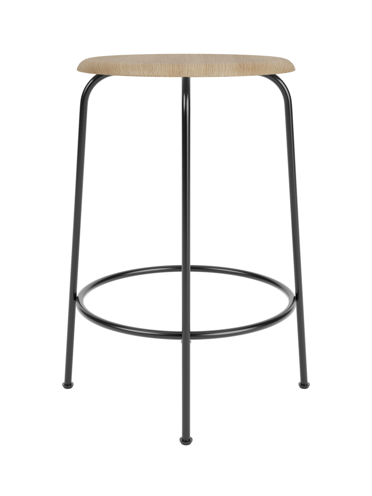 Front view of the Afteroom Counter Stool with a natural oak veneer seat and a minimalist black powder-coated steel frame.