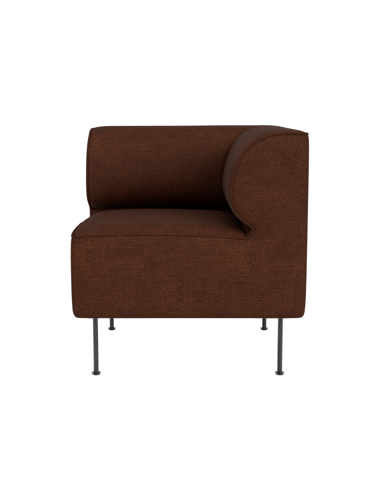 A three-quarter view of the Eave Dining Sofa Corner module in textured brown Audo Bouclé 08 upholstery on slim metal legs.