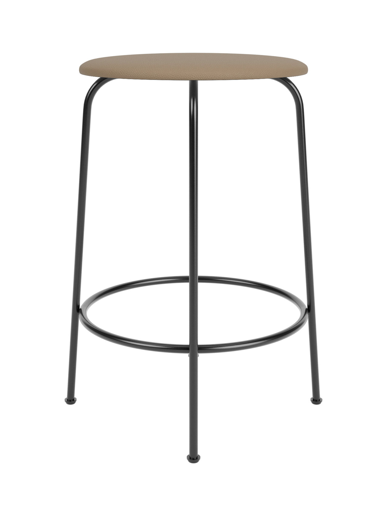 The minimalist Afteroom Counter Stool, featuring a round, stone leather upholstered seat on a slender, black metal frame.
