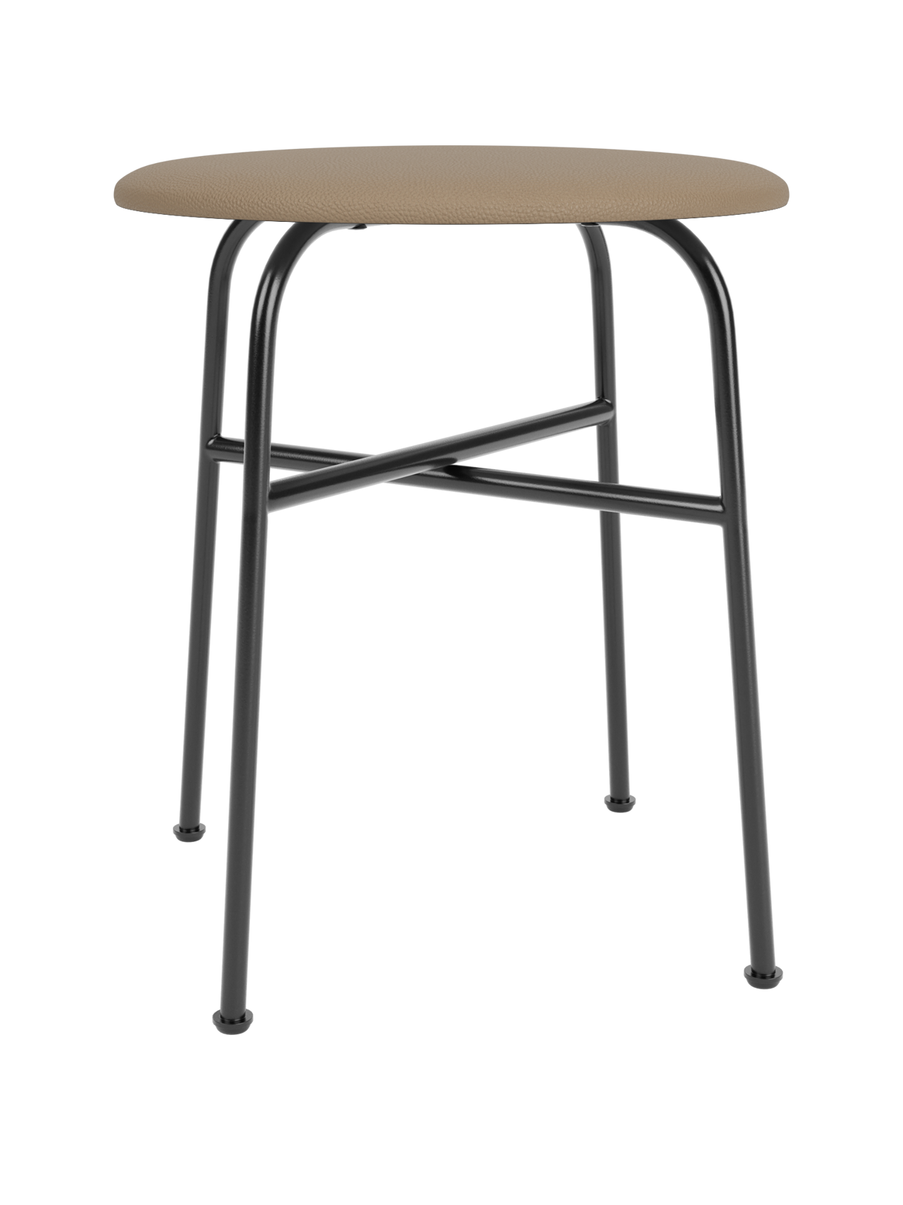 Afteroom Stool, Upholstered Seat, featuring a round stone leather seat and a minimalist black powder-coated steel frame.