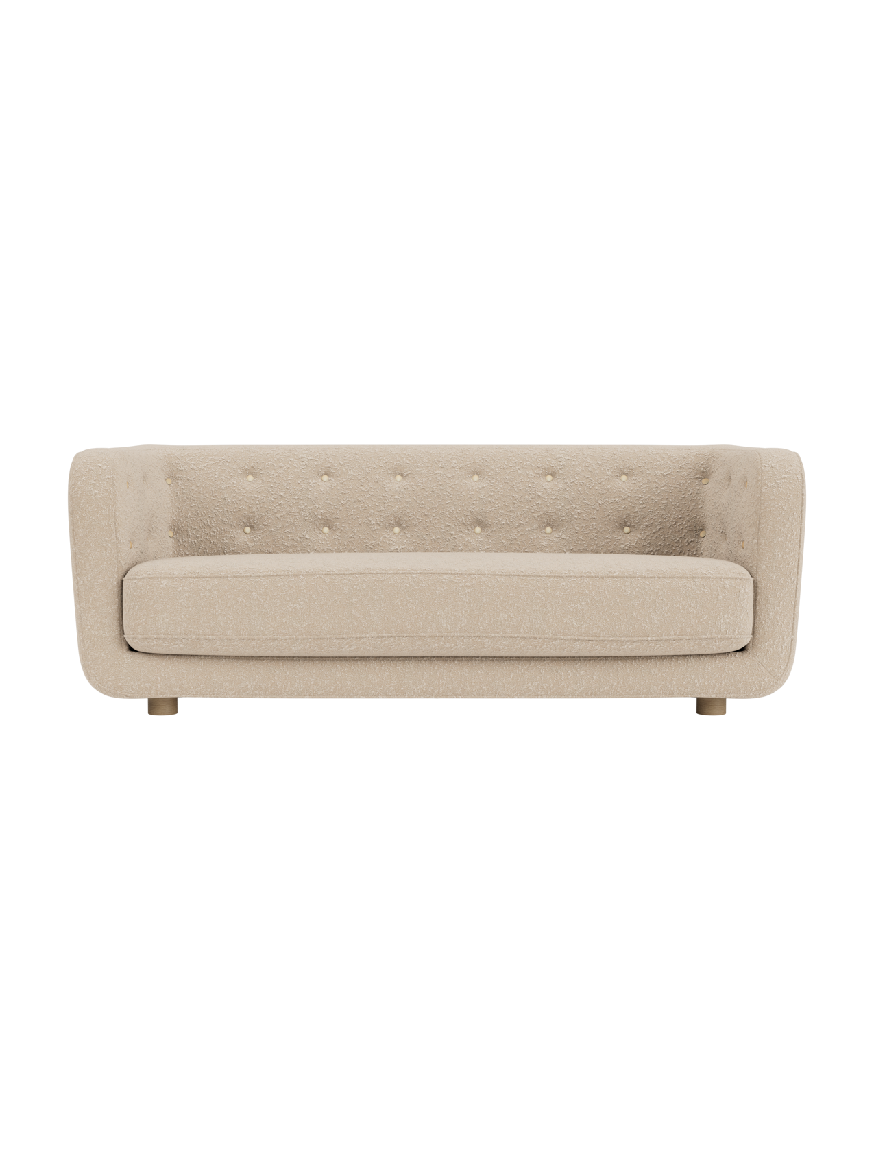 Front view of the Vilhelm Sofa in a light beige textured upholstery, with a button-tufted backrest and natural oak legs.