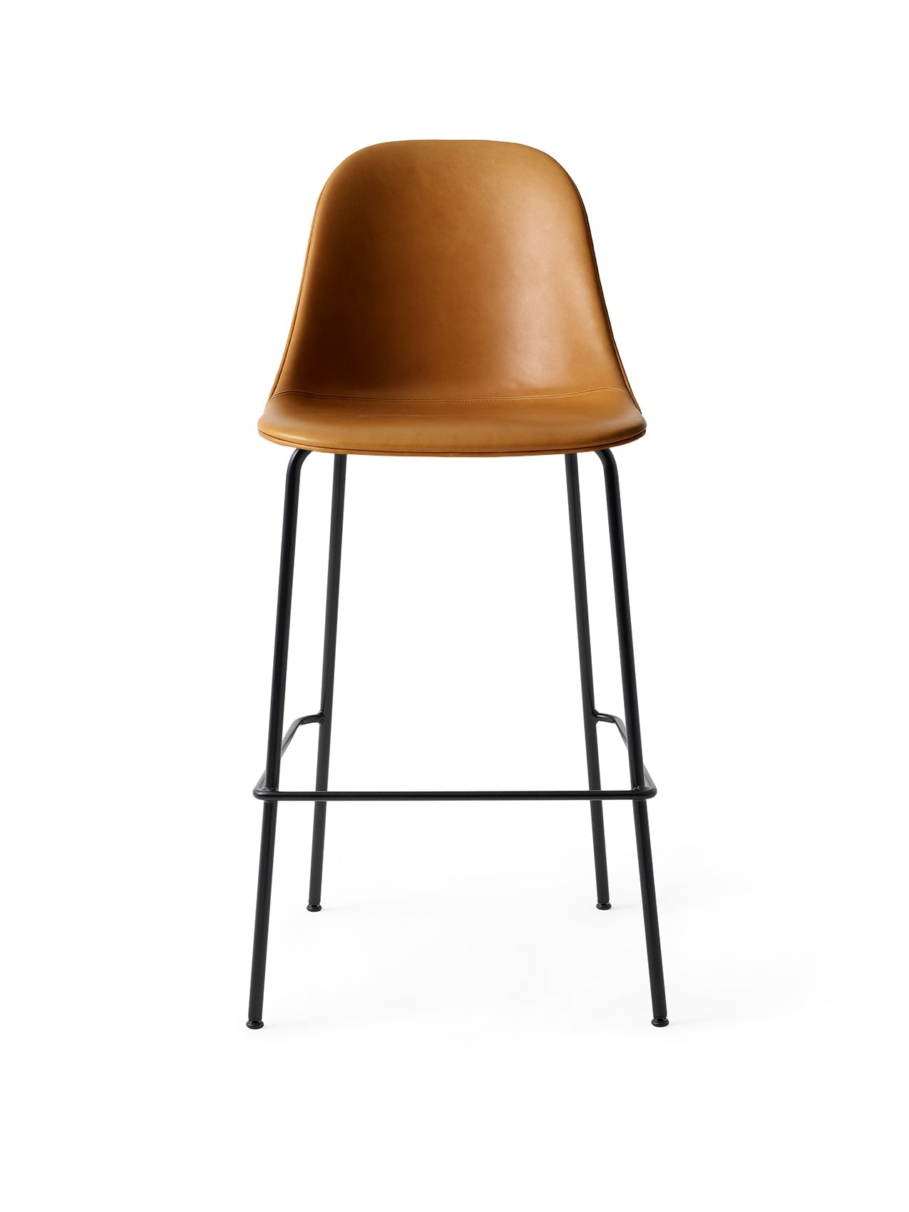 A front view of the Harbour Side Bar Chair, Upholstered. It has a tan leather seat and a slender, black steel base.