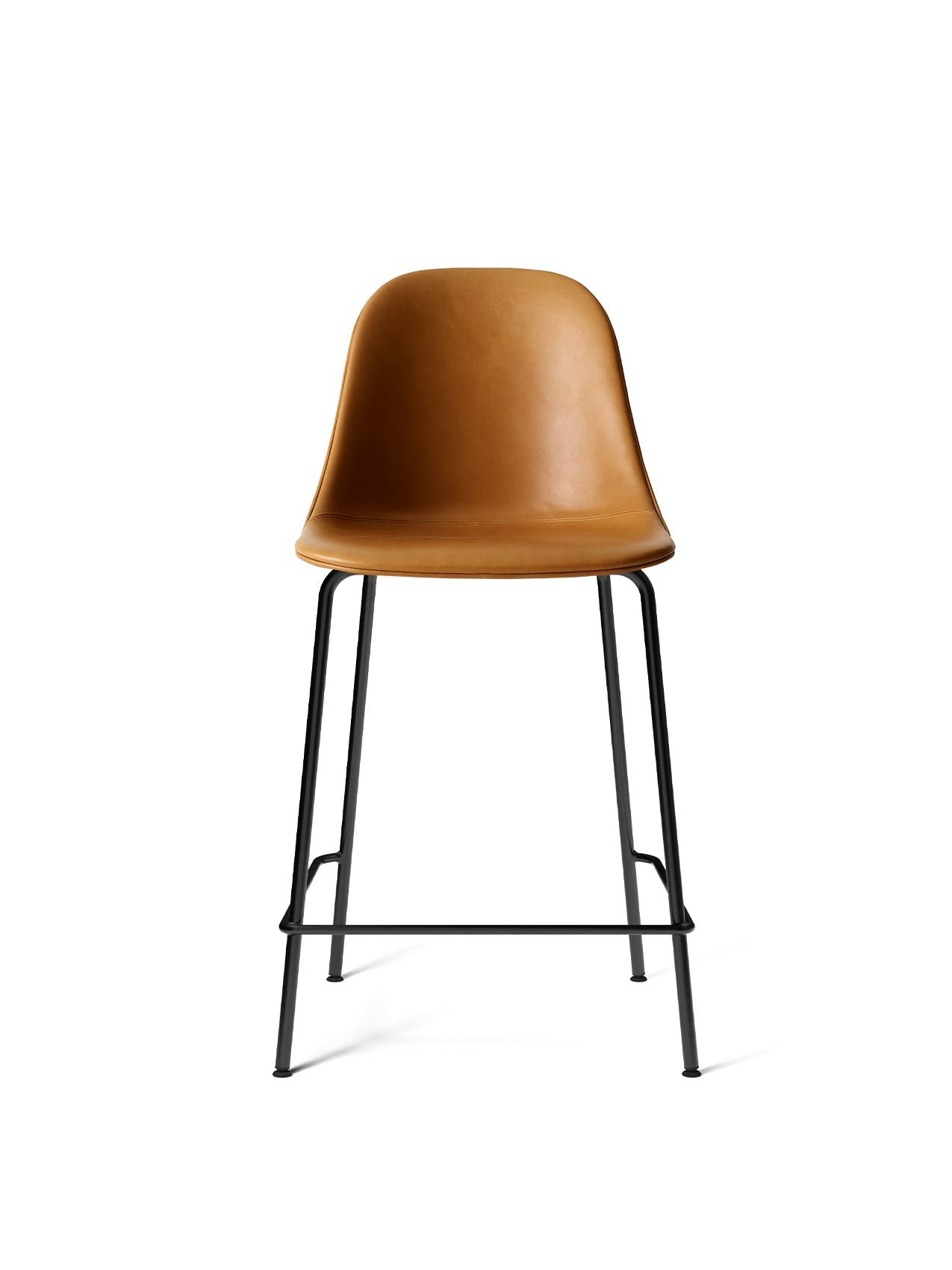Front view of the Harbour Side Counter Chair, Upholstered, with a tan leather seat and a slender black steel base.