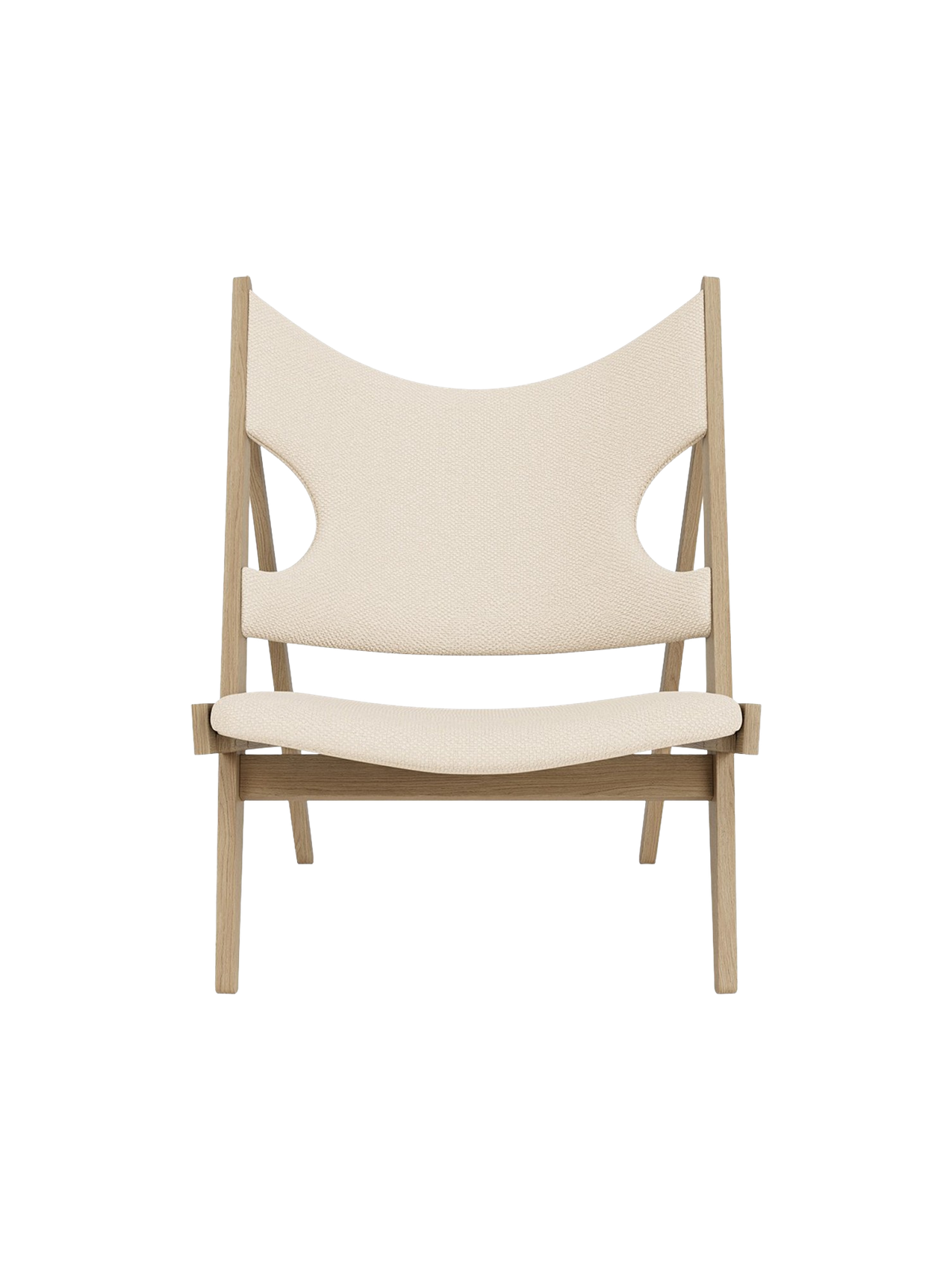 Front view of the Knitting Lounge Chair in natural oak with off-white textile upholstery on a black background.