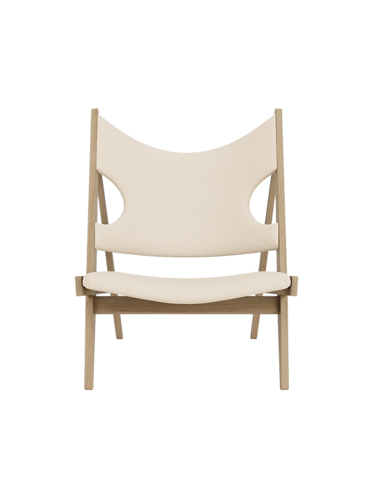 Front view of the Knitting Lounge Chair in natural oak with off-white textile upholstery on a black background.