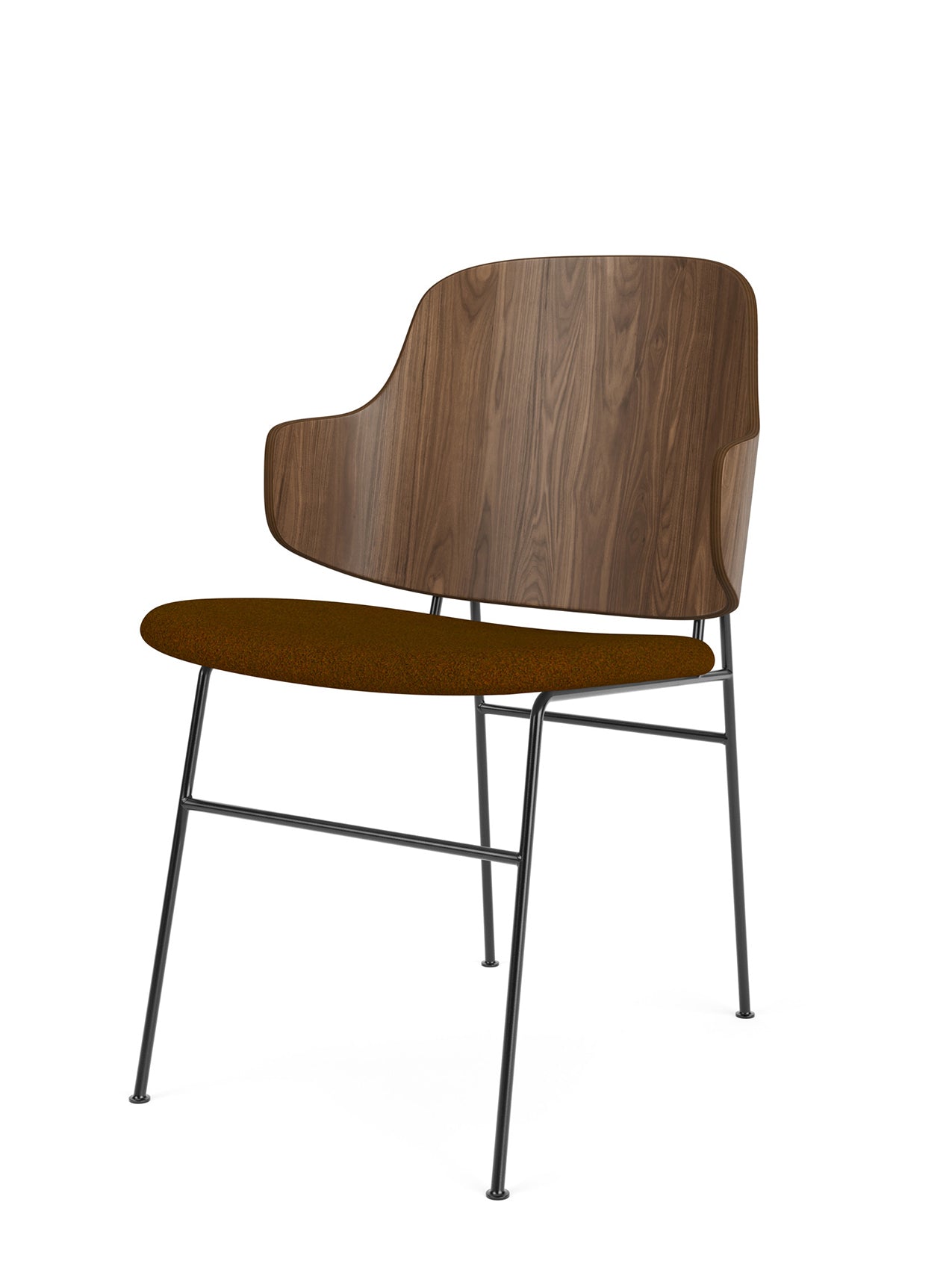 An angled view of The Penguin Dining Chair, showing its walnut veneer back, brown fabric seat, and slim black metal legs.