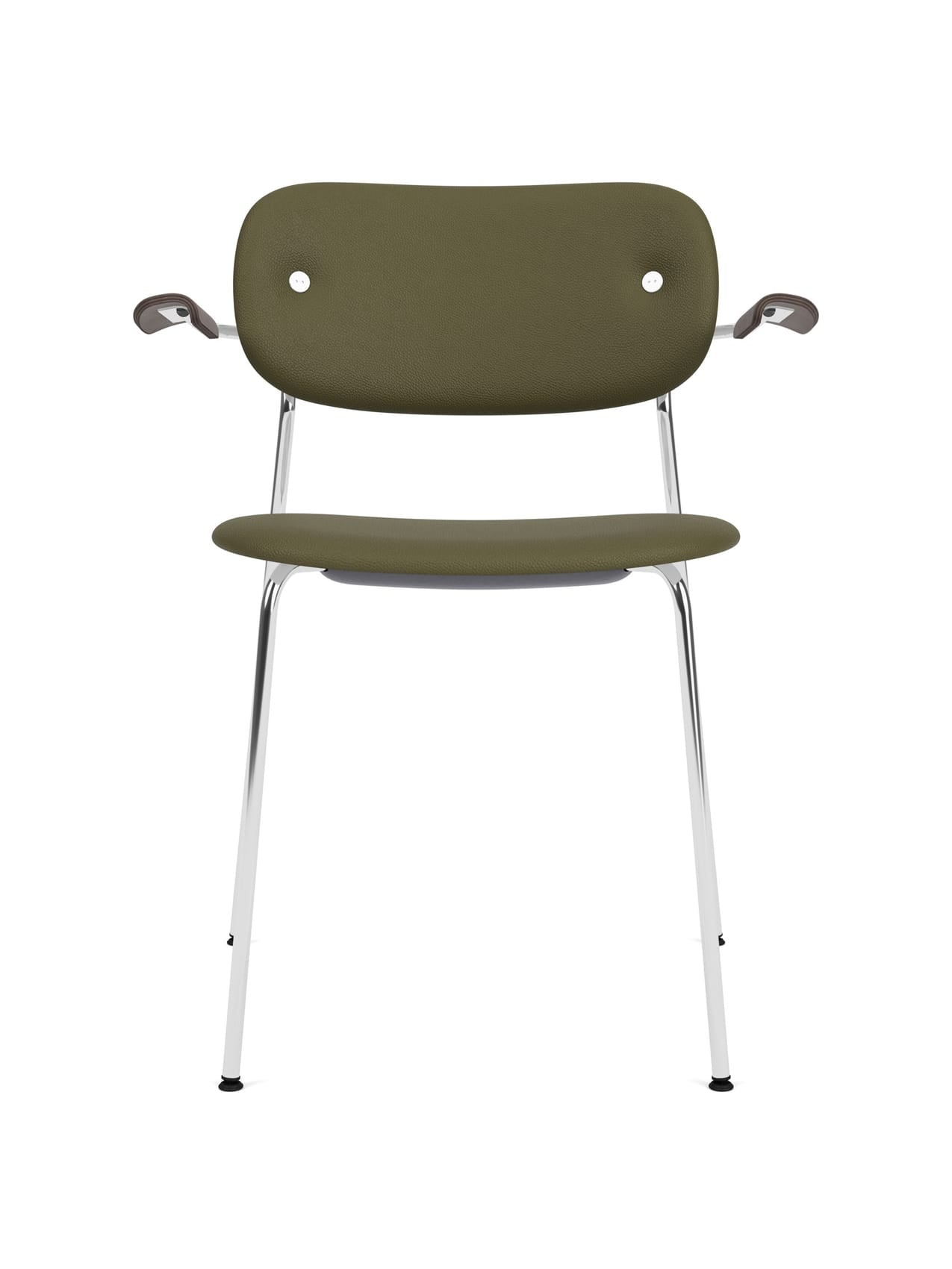 Co Dining Chair with olive green upholstery, dark wood armrests, and a sleek chrome frame against a white background.