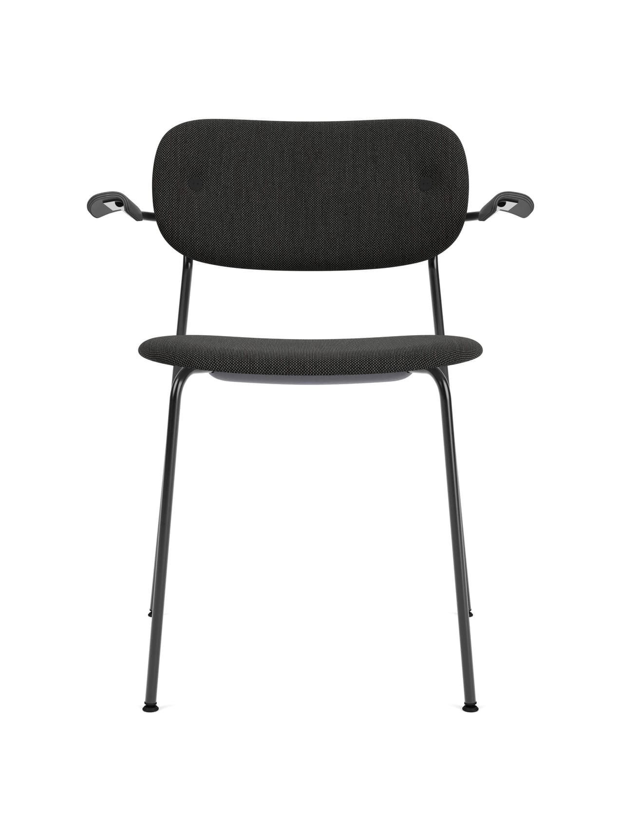 A front view of the Co Dining Chair, fully upholstered with armrests in black. The chair features a slim black metal frame.