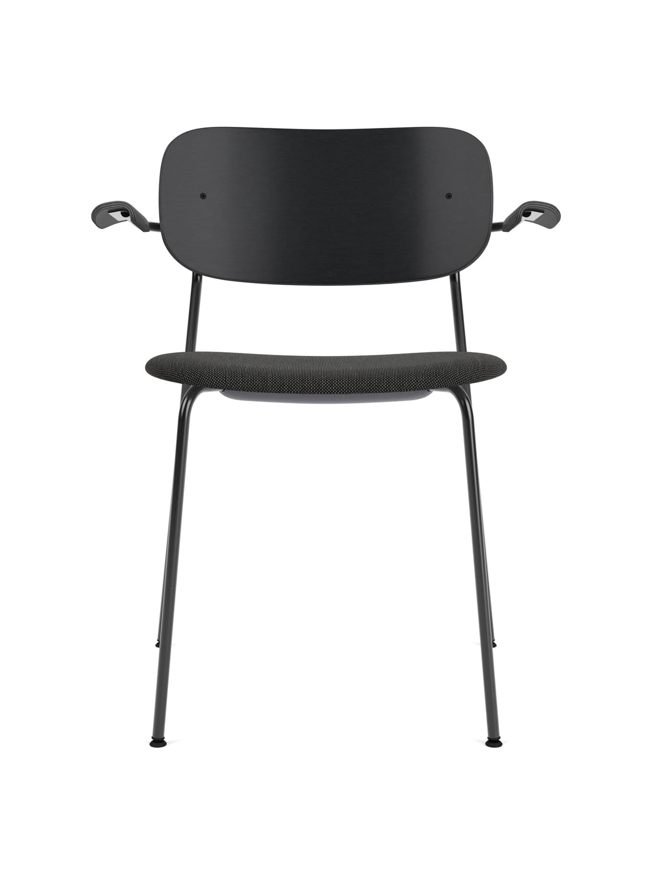 A front-facing image of the Co Dining Chair with a black frame, armrests, a wide black backrest, and a dark grey fabric seat.