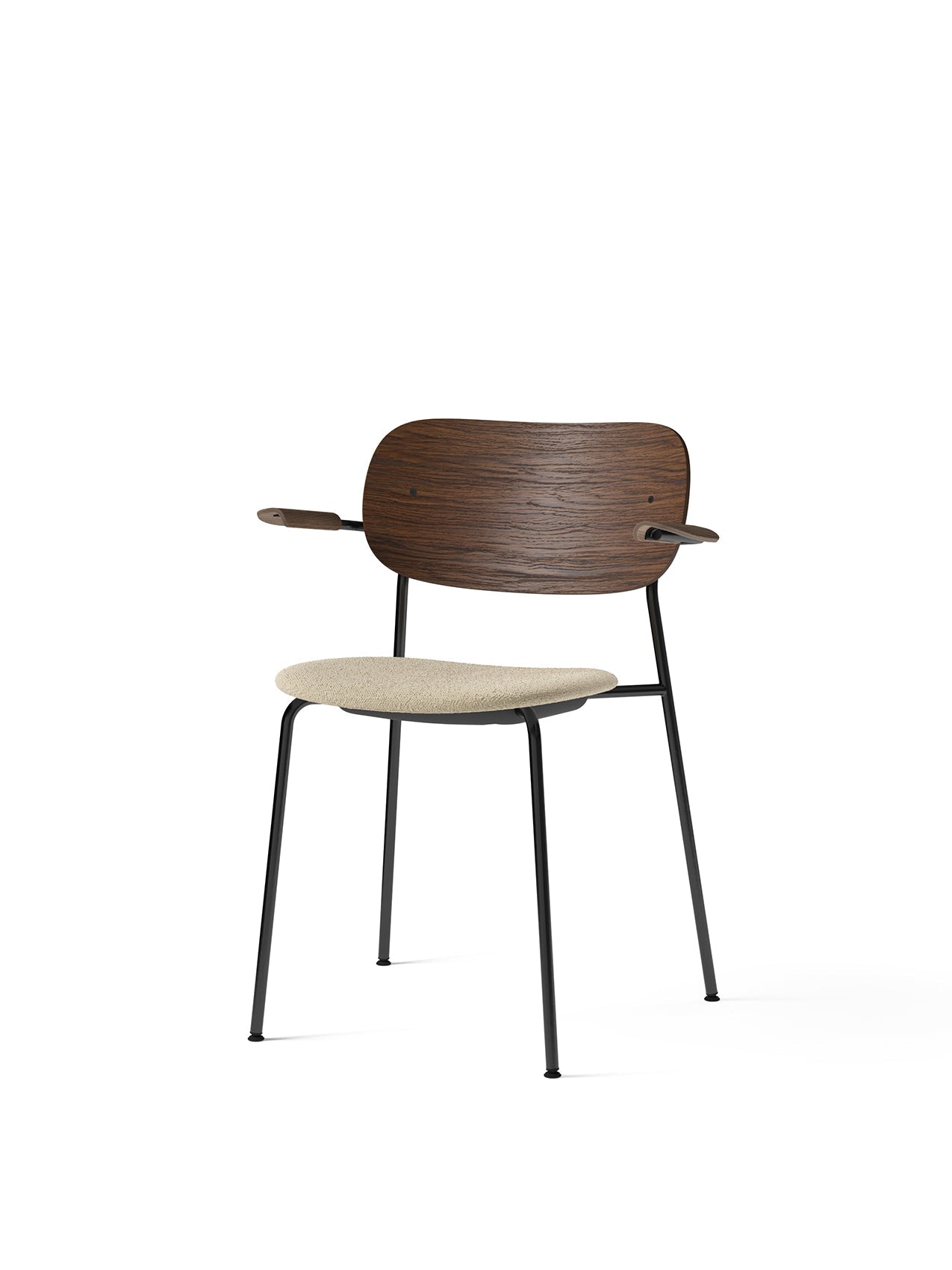 Angled view of the Co Dining Chair with armrests, dark stained oak backrest, cream bouclé upholstered seat and black frame
