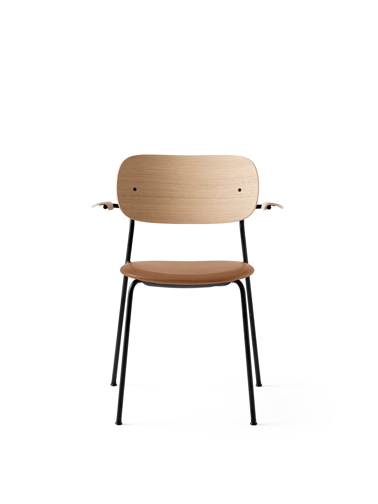 The Co Dining Chair with a natural oak backrest and armrests, a tan upholstered seat, and a slender black metal frame.