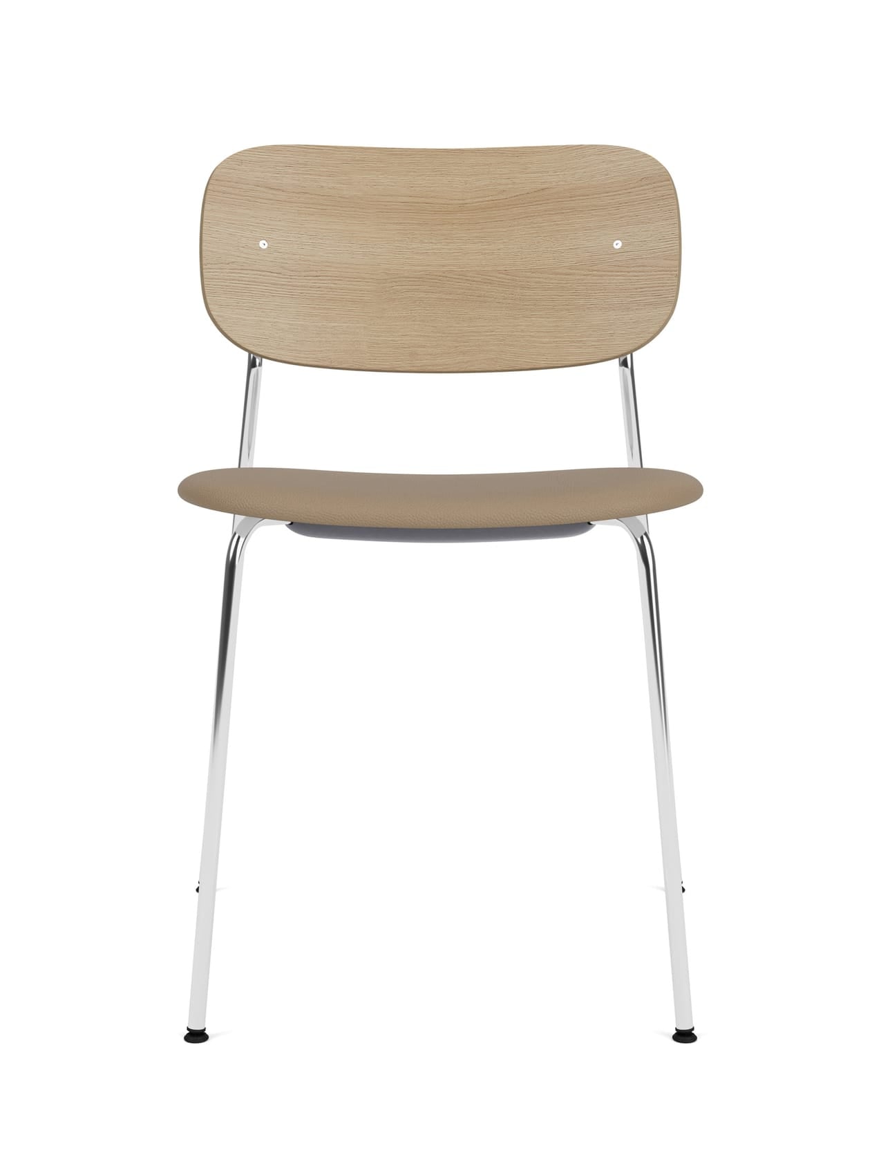 Front view of the Co Dining Chair with a light oak veneer backrest, beige upholstered seat, and polished chrome frame.