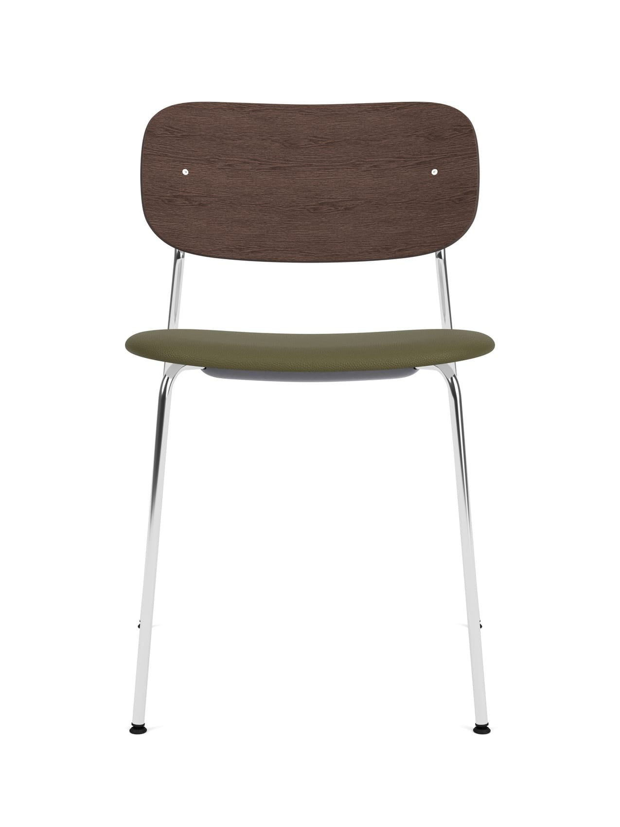 Front view of the Co Dining Chair with a dark stained oak backrest, an olive green upholstered seat, and chrome frame.
