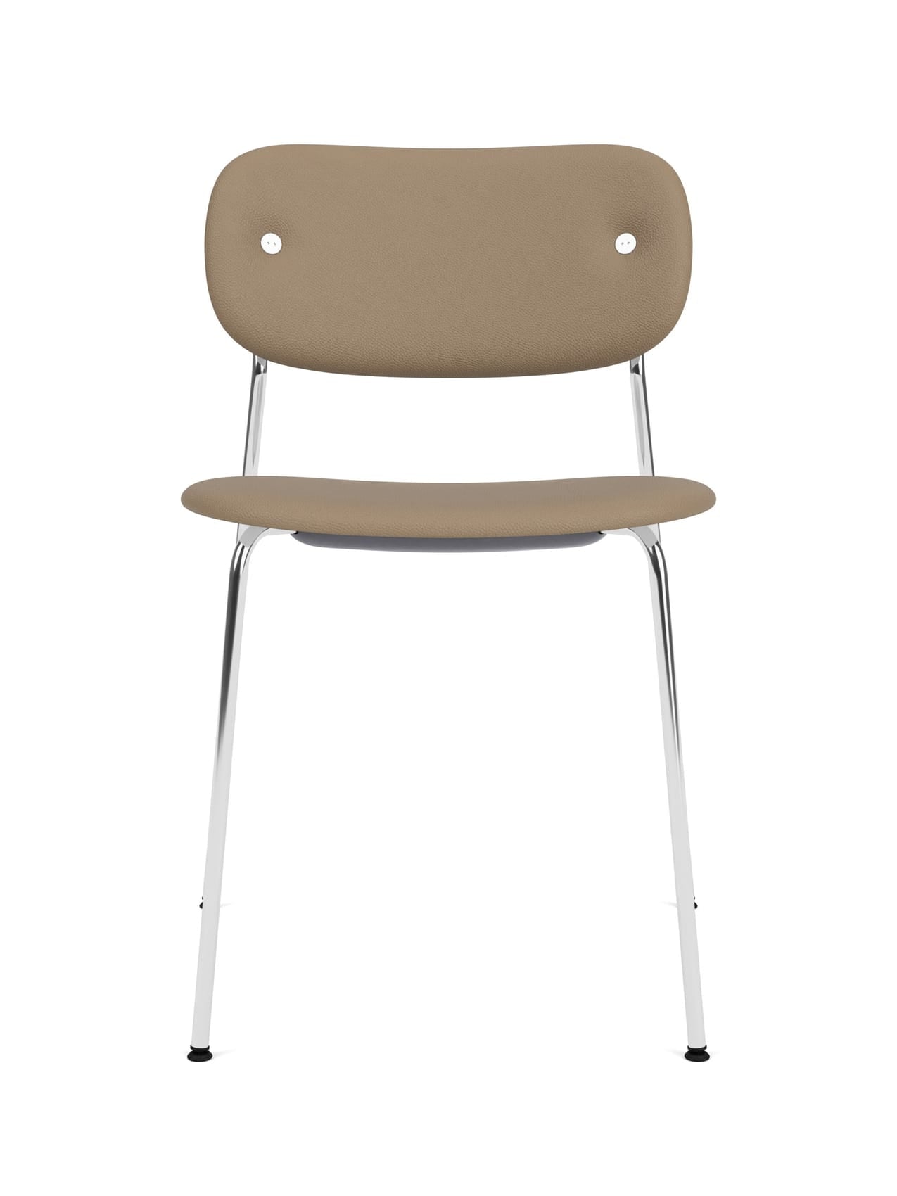 Front-facing view of the Co Dining Chair. It has a fully upholstered light brown seat and backrest on a slim chrome frame.