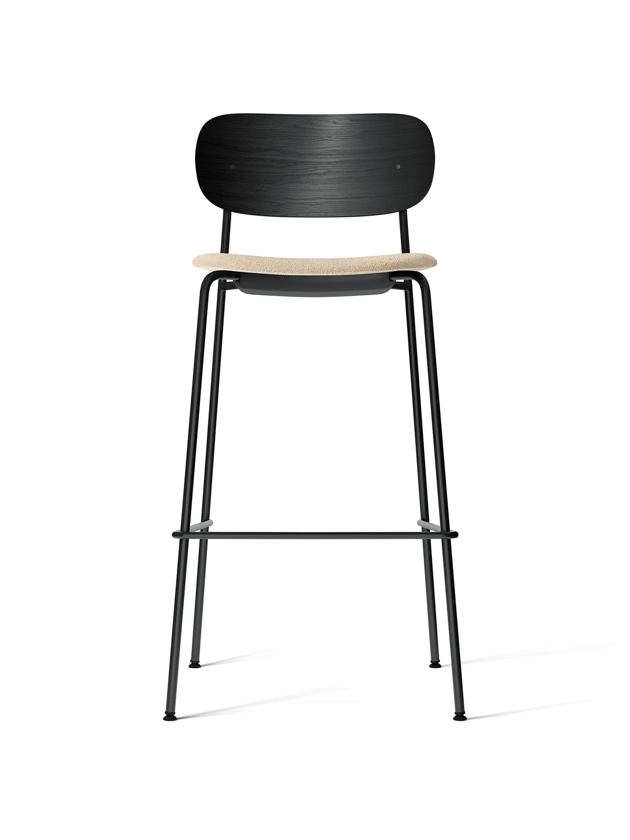 Front view of the Co Bar Chair with a black oak backrest, a beige bouclé upholstered seat, and a slender black steel frame.