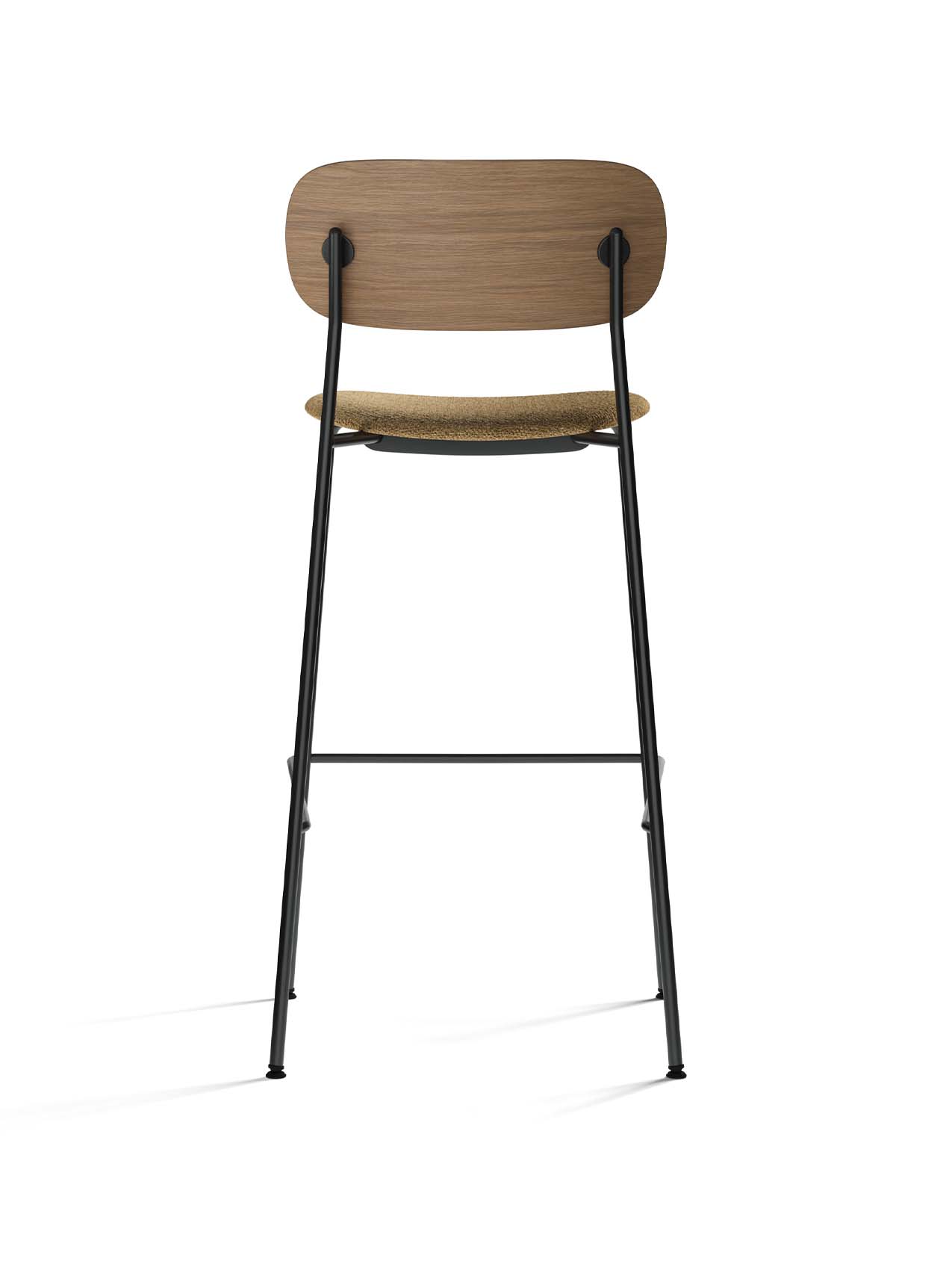 Back view of the Co Bar Chair with an upholstered seat, featuring a dark stained oak backrest and a slender black steel frame