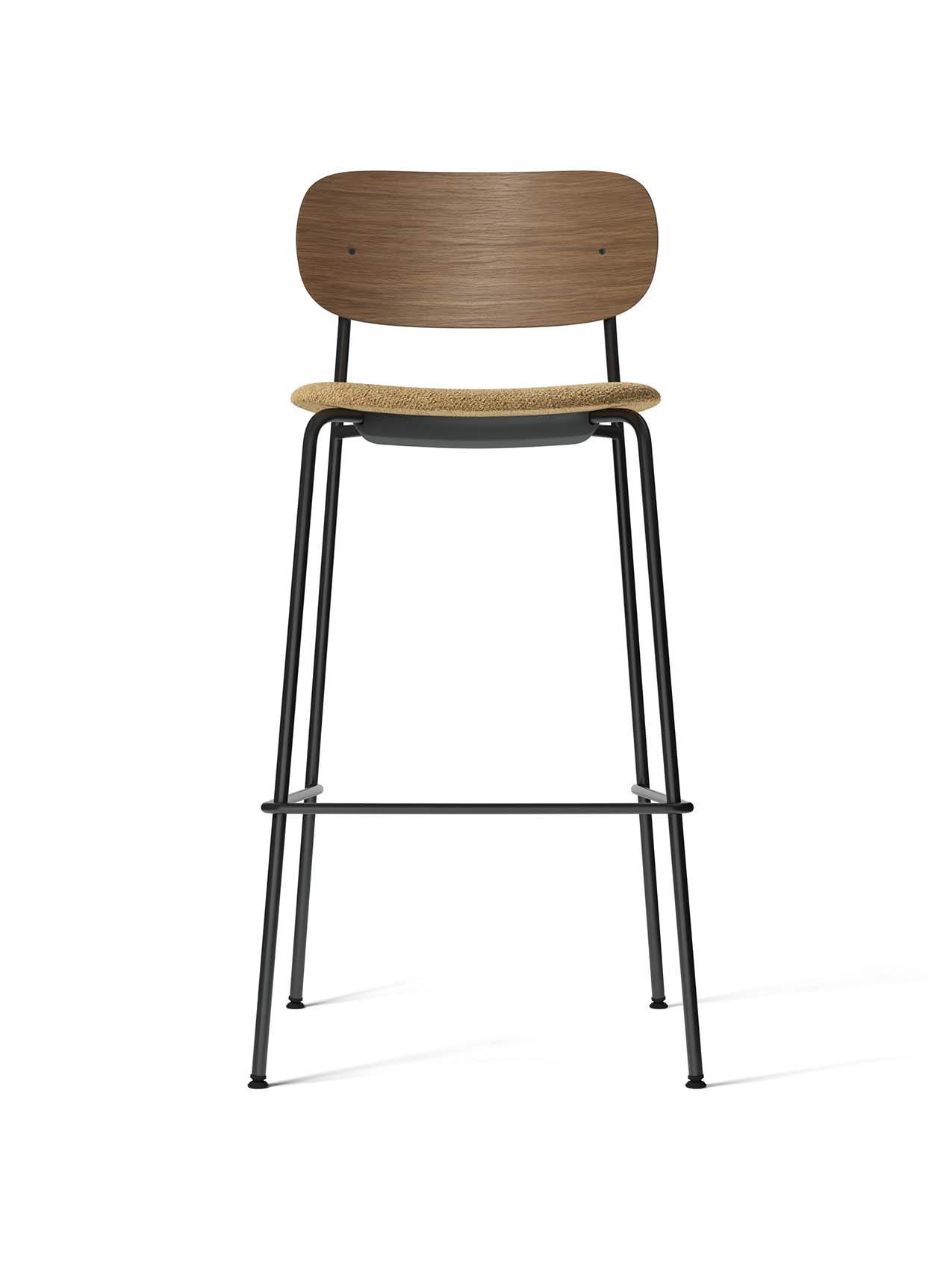 Front view of the Co Bar Chair with a dark stained oak backrest, beige bouclé upholstered seat, and slender black frame.