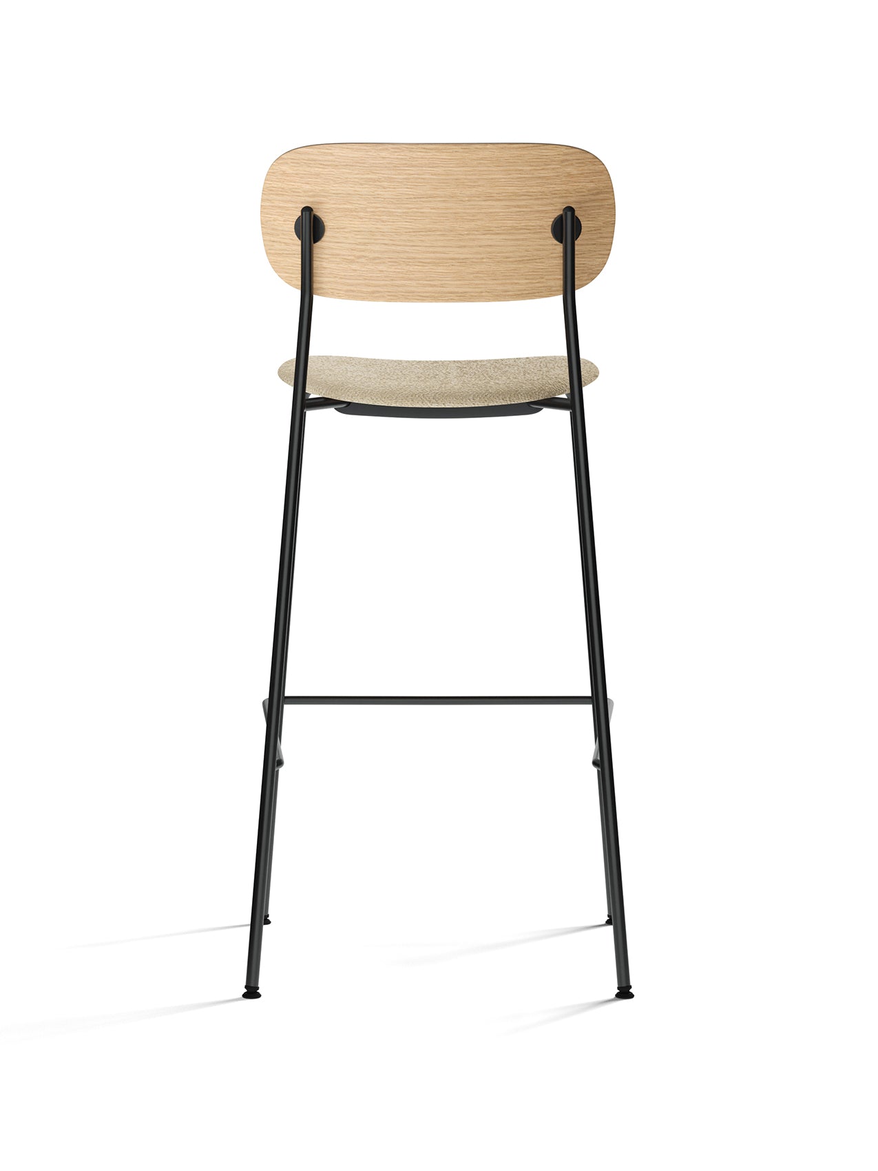 Back view of the Co Bar Chair with upholstered seat, featuring a natural oak backrest, beige bouclé seat and black frame.