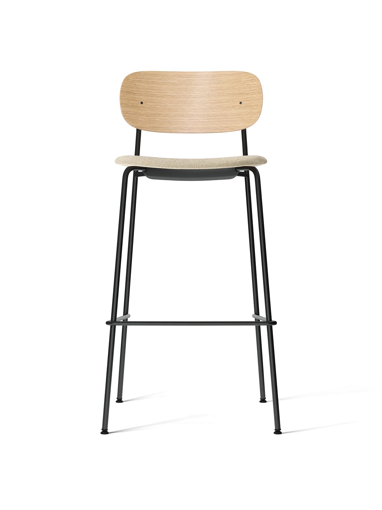 Front view of the Co Bar Chair with a natural oak backrest, cream bouclé upholstered seat, and a slender black steel frame.