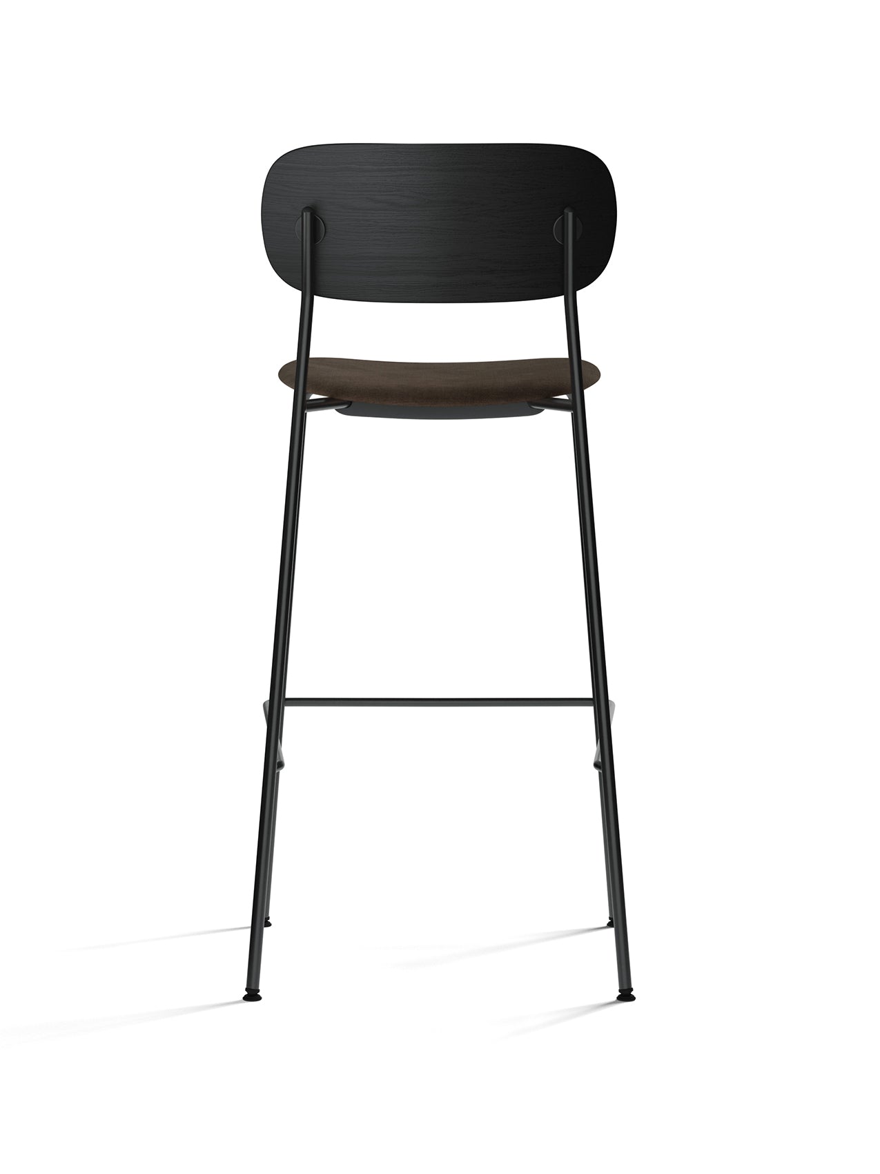 Rear view of the Co Bar Chair, Seat Upholstered, with a black oak backrest, brown upholstered seat, and black steel frame.
