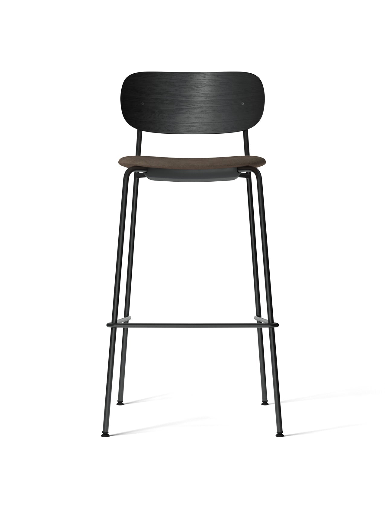 Front view of the Co Bar Chair with a black oak backrest, a dark upholstered seat, and a black steel frame with a footrest.