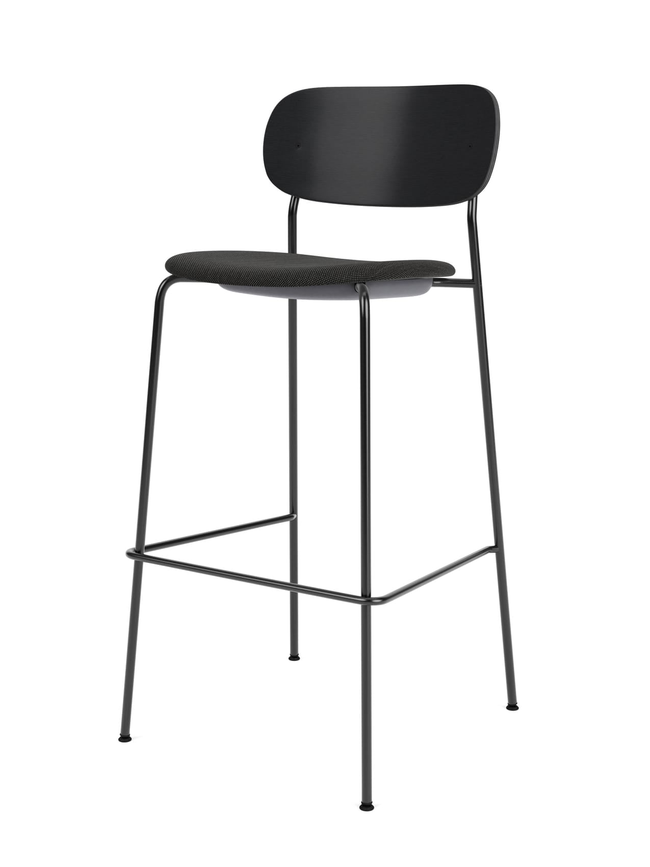 Co Bar Chair with a black fabric upholstered seat. The chair features a black oak backrest and slender black steel frame.