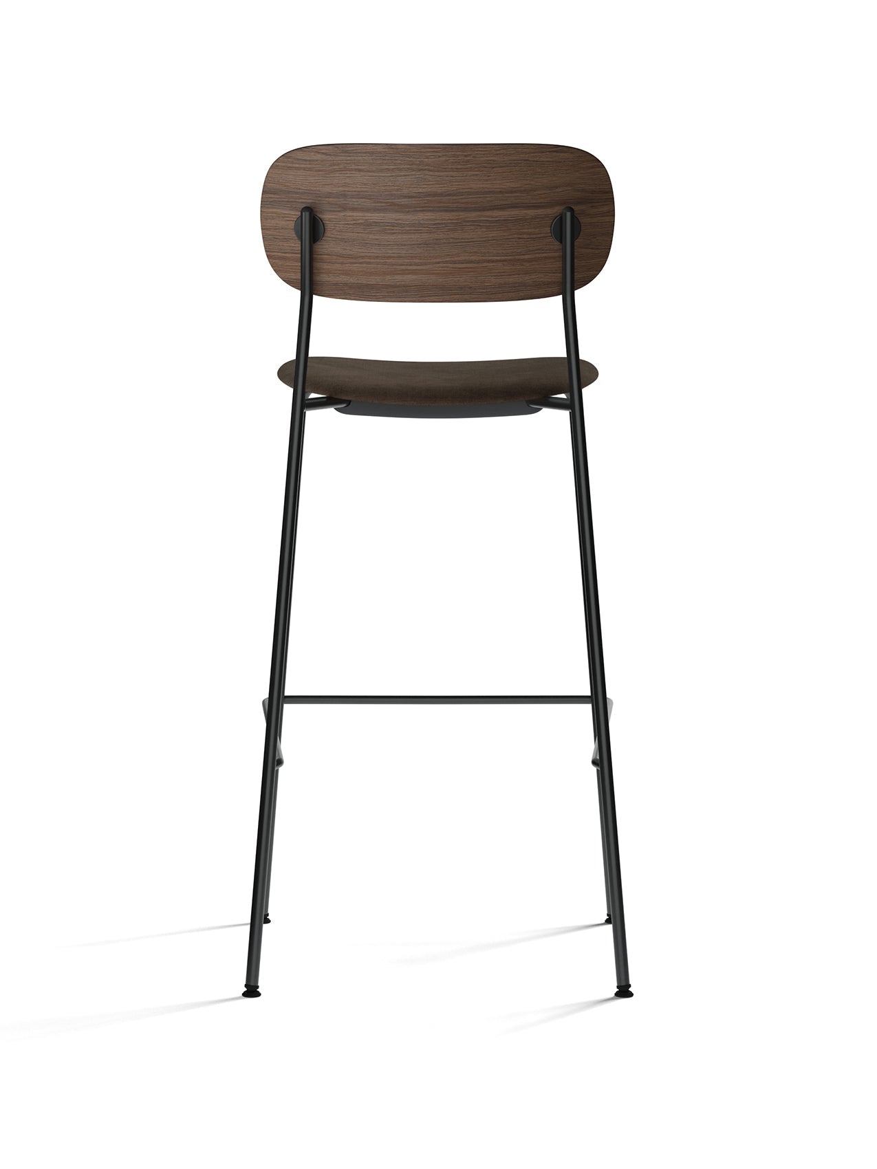 Back view of the Co Bar Chair with a dark stained oak backrest, upholstered seat, and a slender black steel frame.