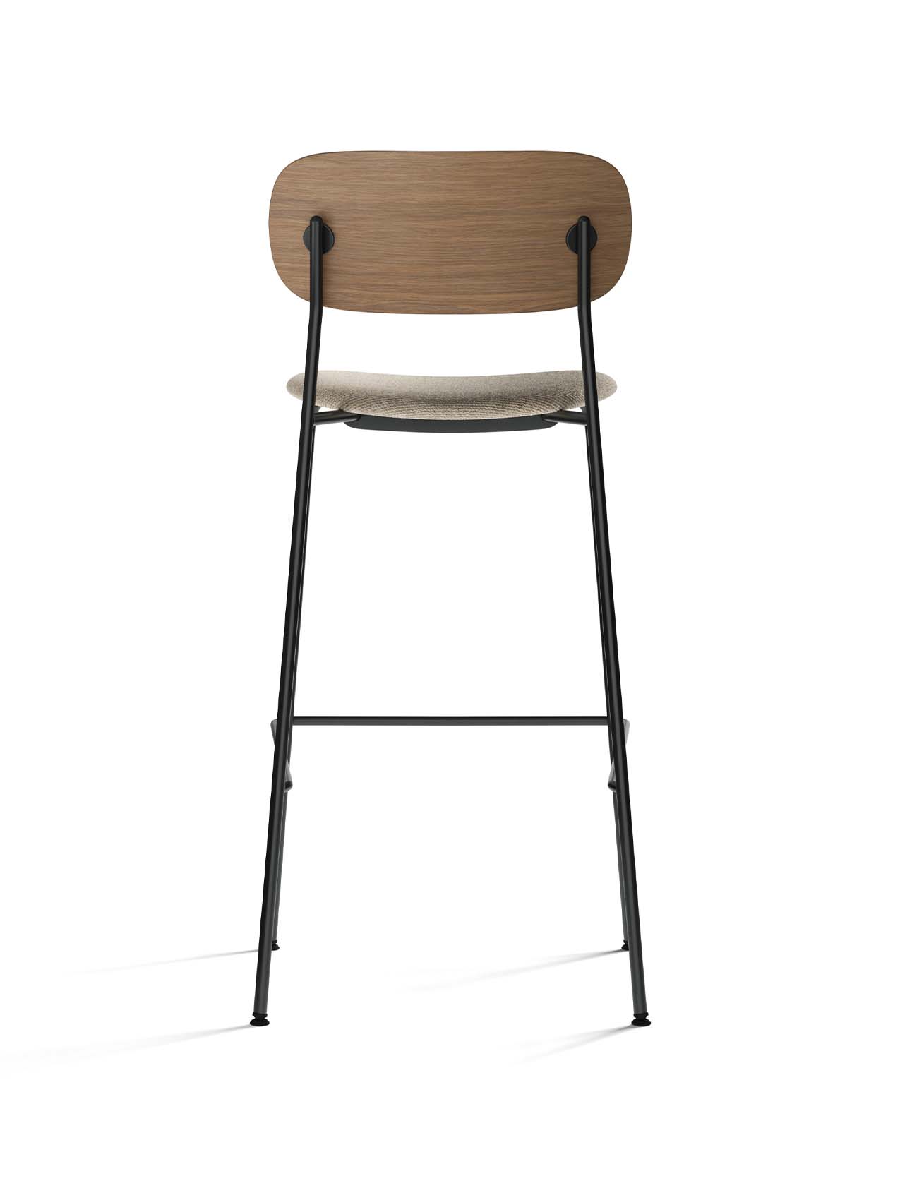 Back view of the Co Bar Chair, Seat Upholstered with dark stained oak backrest, moss upholstered seat and black steel frame.