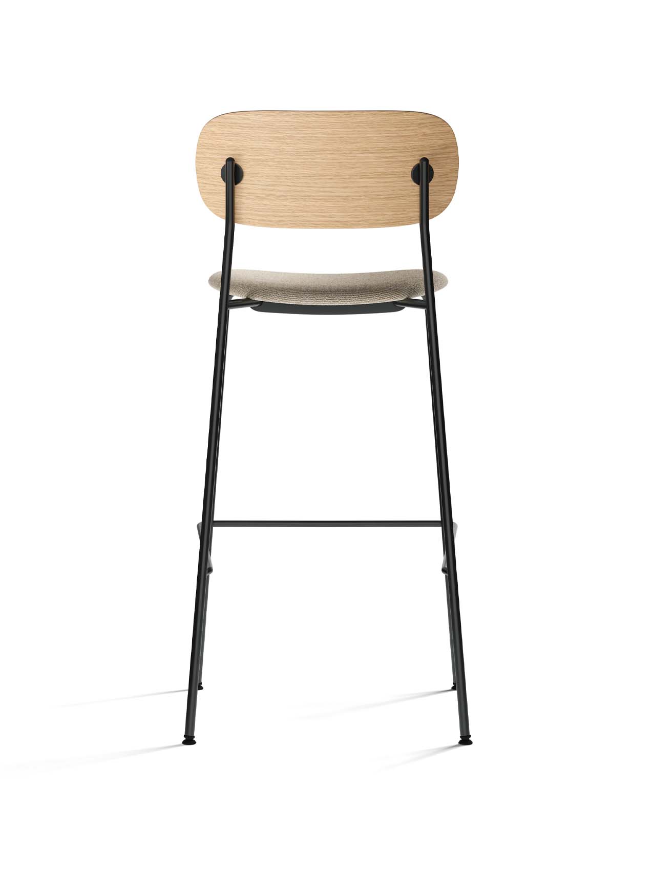 Back view of the Co Bar Chair with an upholstered moss fabric seat, natural oak backrest, and slender black steel frame.